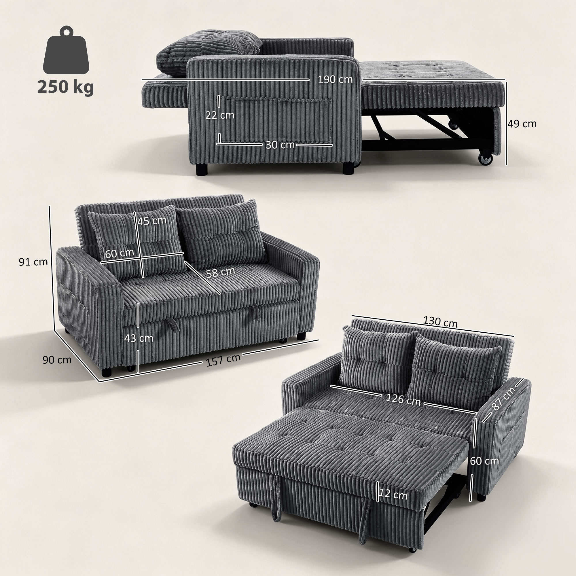 Sofa-lova „3 viename“ su reguliuojamu atlošu, tamsiai pilka, 157 × 190 cm 2