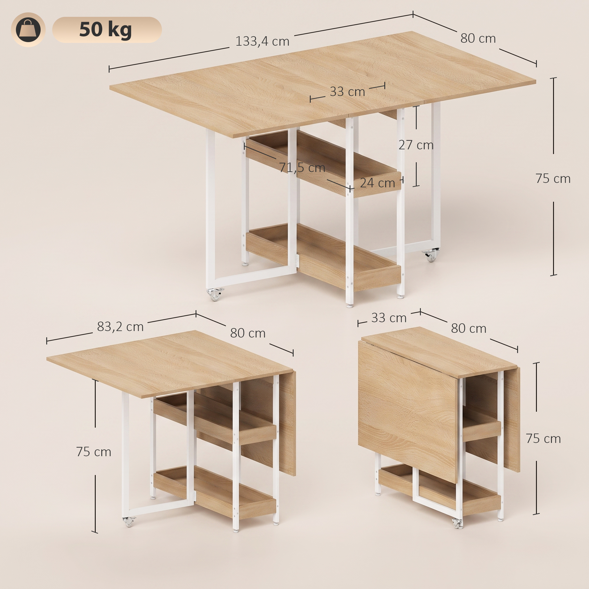 Sulankstomas valgomojo stalas su 2 atverčiamais stalviršiais ir 2 atvirais skyriais, natūralios medienos spalvos, 133,4 × 80 × 75 cm 2