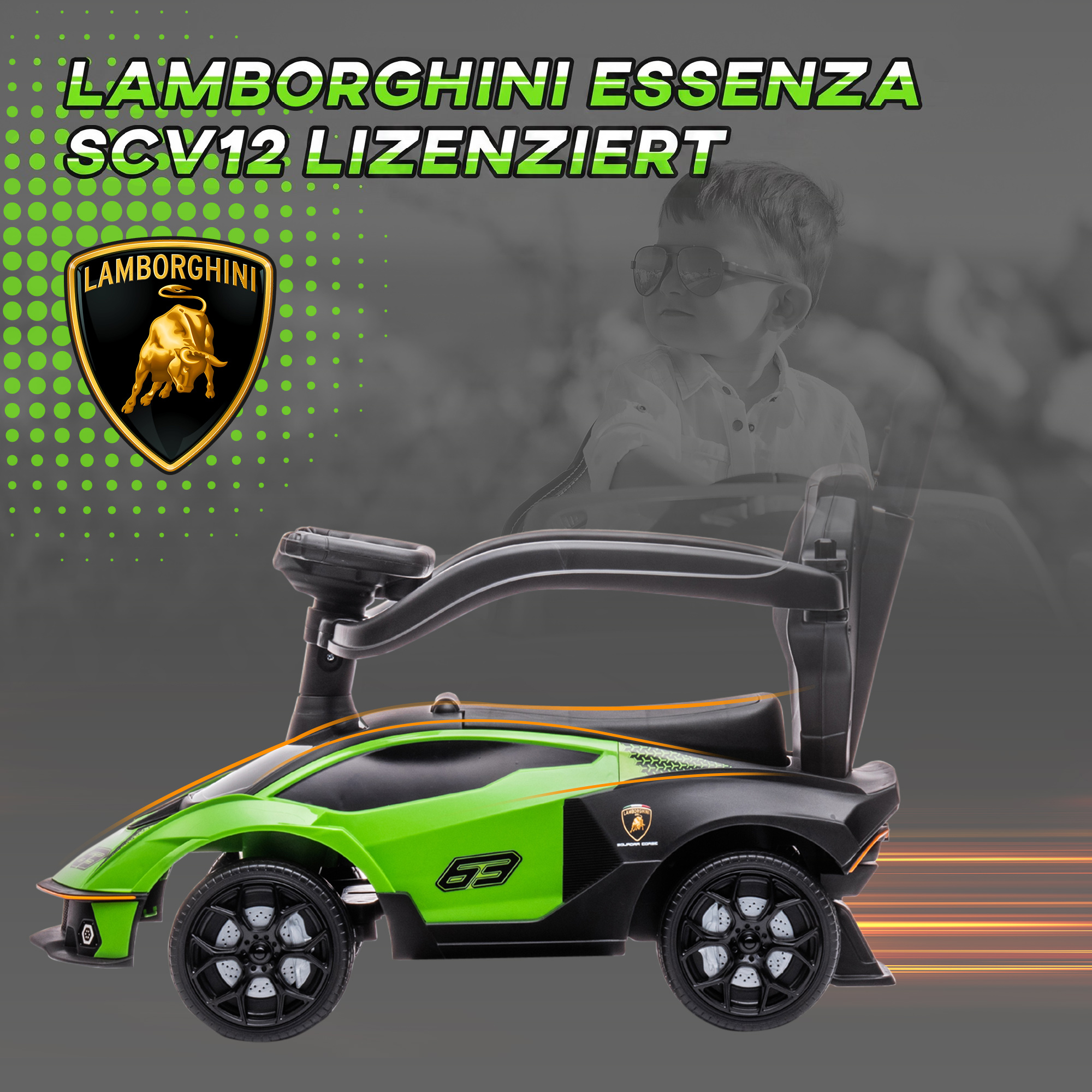 Paspiriama mašinėlė „Lamborghini“ su stūmimo rankena, žalia ir juoda, 86,5 × 40 × 89,5 cm 3