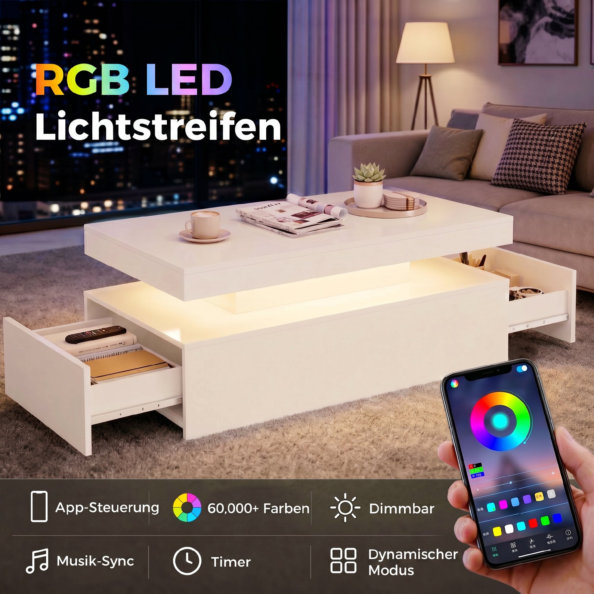 Kavos staliukas su RGB LED juosta ir 2 stalčiais, baltas, 100 × 50 × 40 cm 3