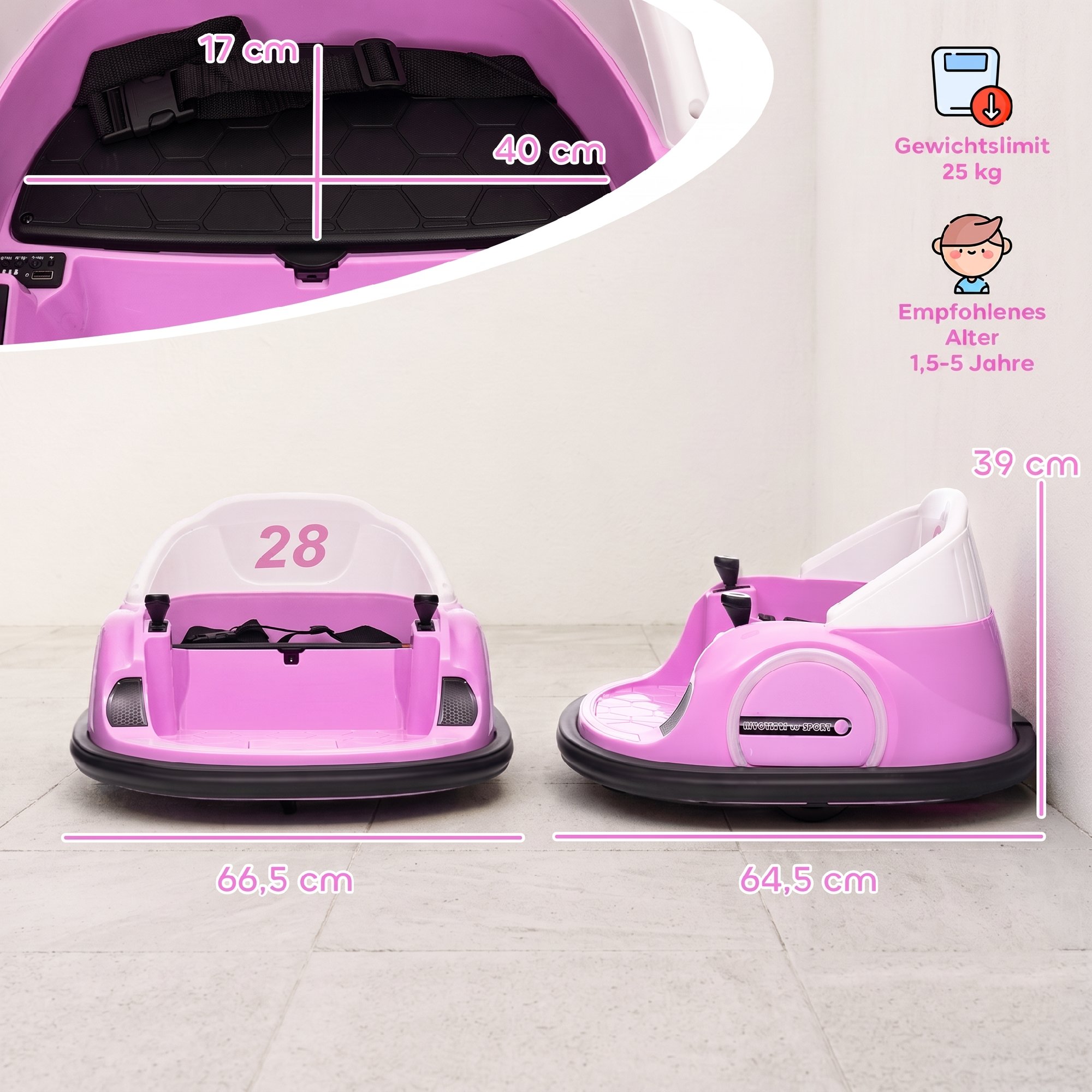 Vaikiškas elektromobilis su 360° sukimu ir nuotoliniu valdymu, rožinis, 66,5 × 64,5 × 39 cm 2