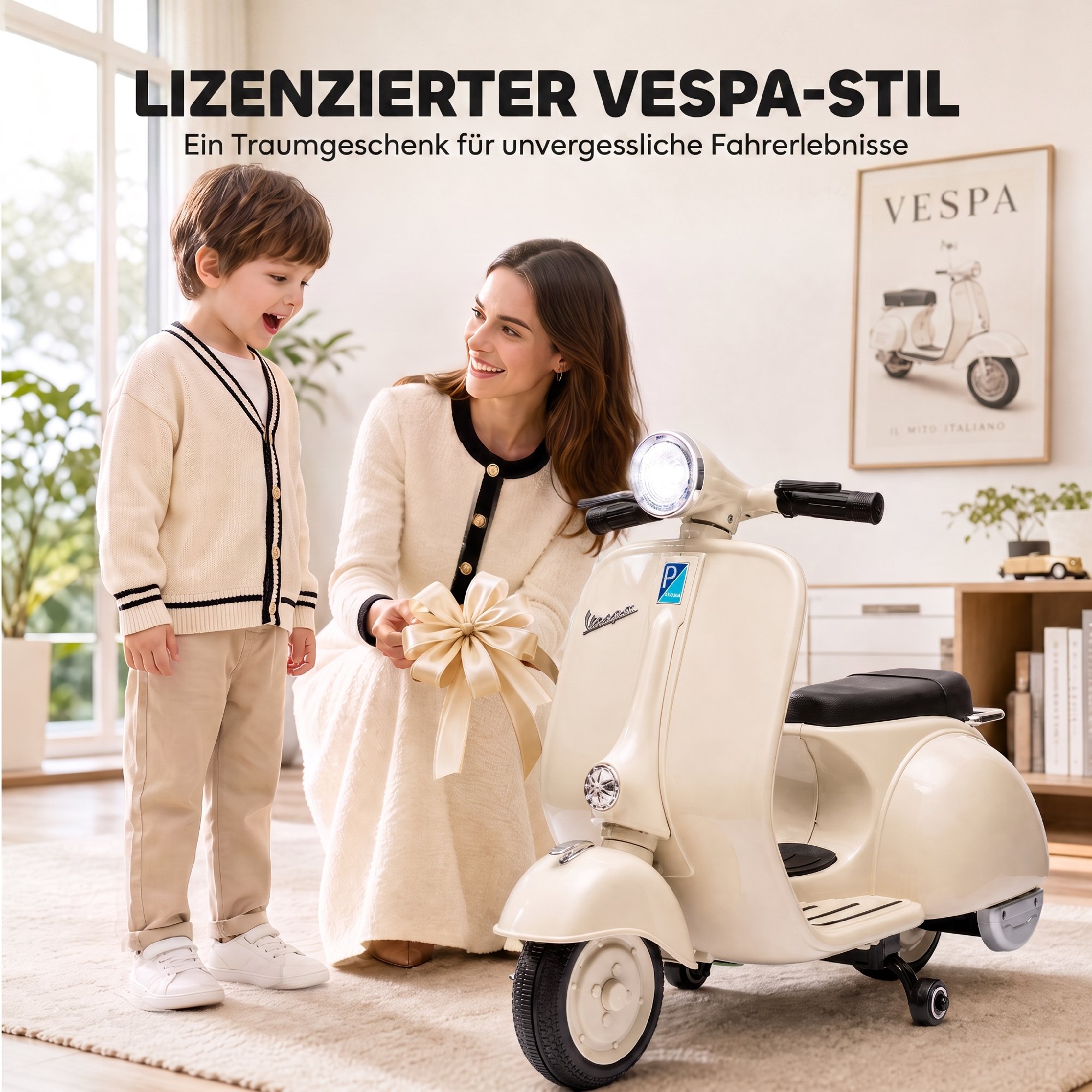 Vaikiškas elektrinis motociklas, VESPA licencijuotas, su nuimamais atraminiais ratukais, baltas, 81 × 37 × 63 cm 3