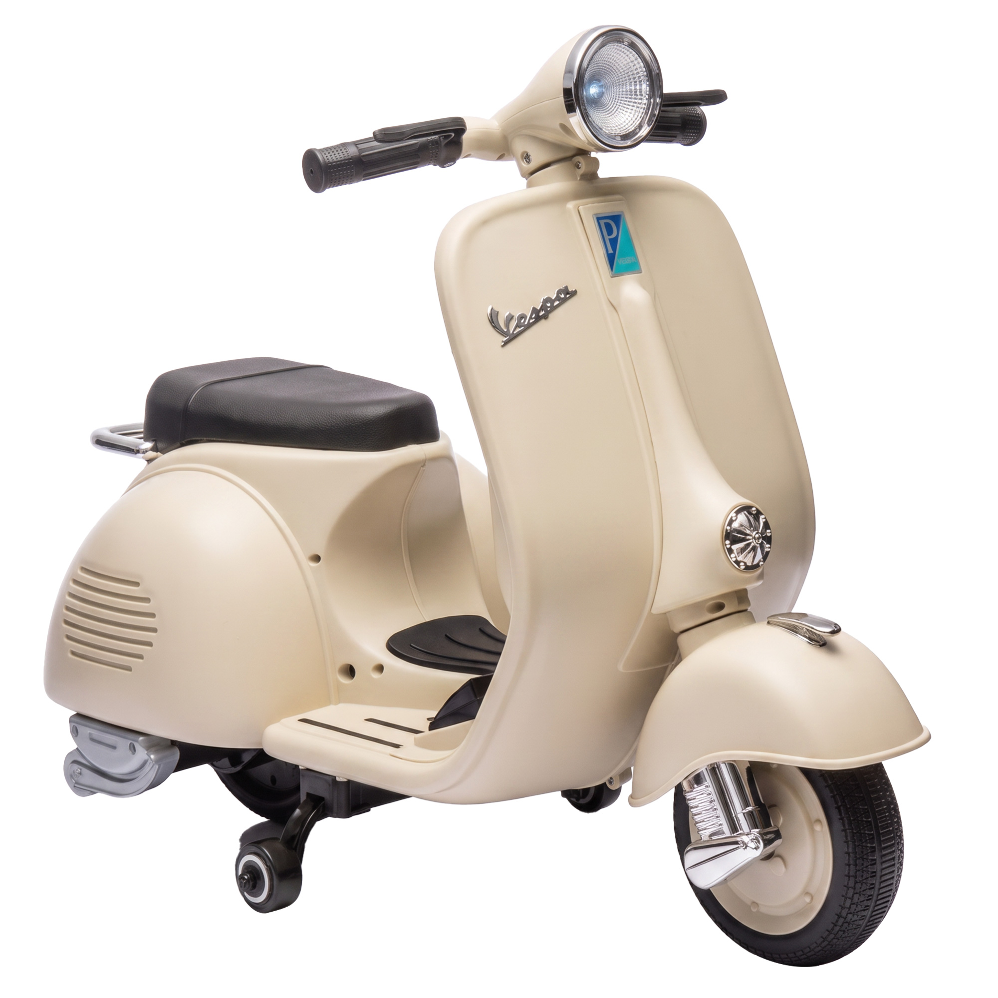 Vaikiškas elektrinis motociklas, VESPA licencijuotas, su nuimamais atraminiais ratukais, baltas, 81 × 37 × 63 cm