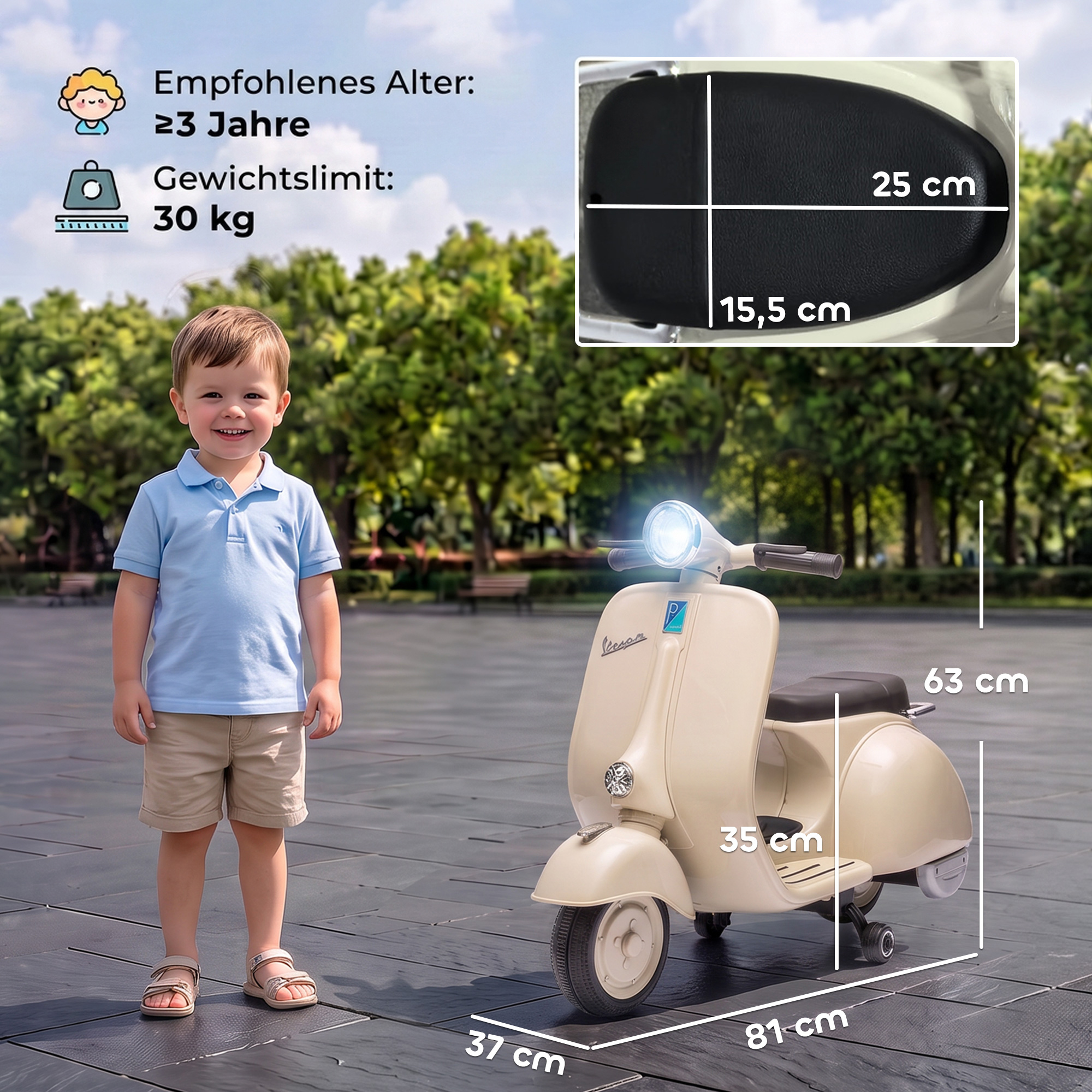 Vaikiškas elektrinis motociklas, VESPA licencijuotas, su nuimamais atraminiais ratukais, baltas, 81 × 37 × 63 cm 2