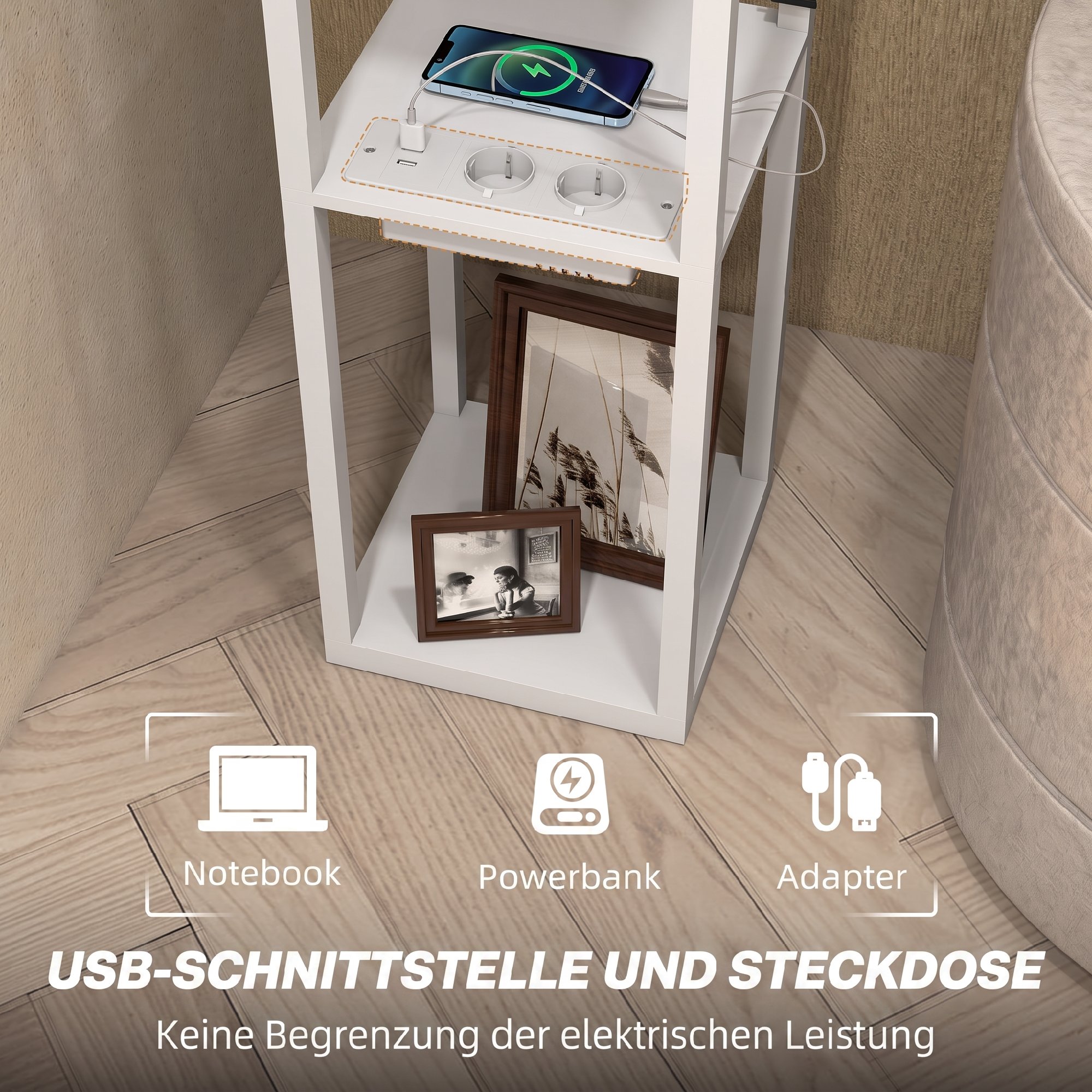 Grindinis šviestuvas su 3 lentynomis ir USB jungtimis, baltas, 26 × 26 × 159 cm 3