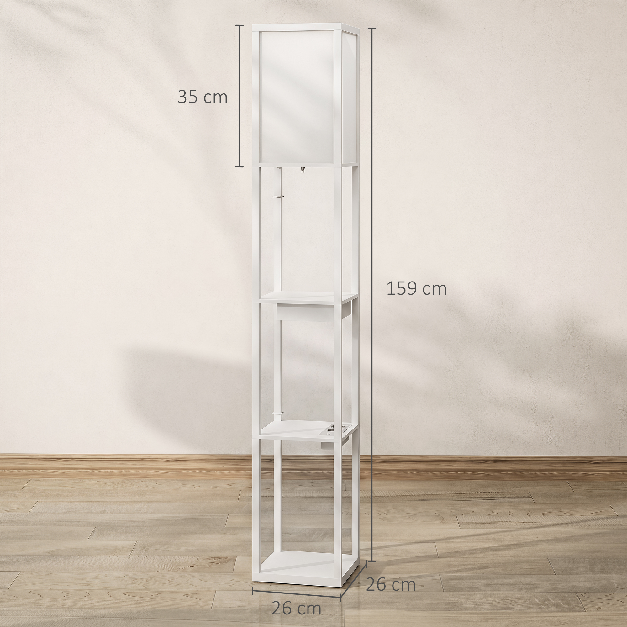 Grindinis šviestuvas su 3 lentynomis ir USB jungtimis, baltas, 26 × 26 × 159 cm 2