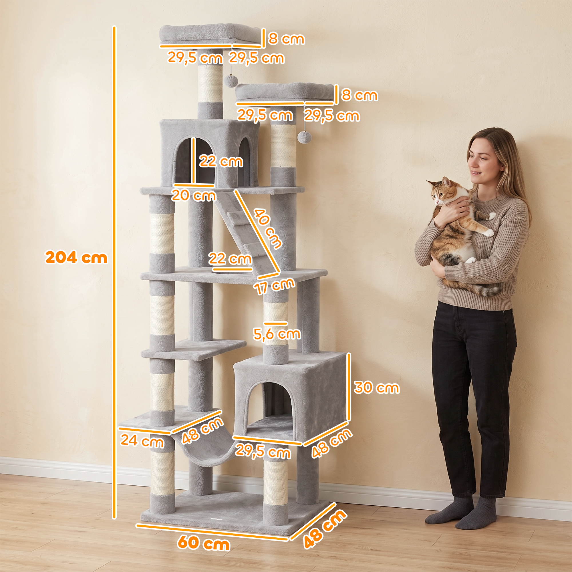 Kačių draskyklė su 8 sizalio stulpais, šviesiai pilka, 204 cm 2
