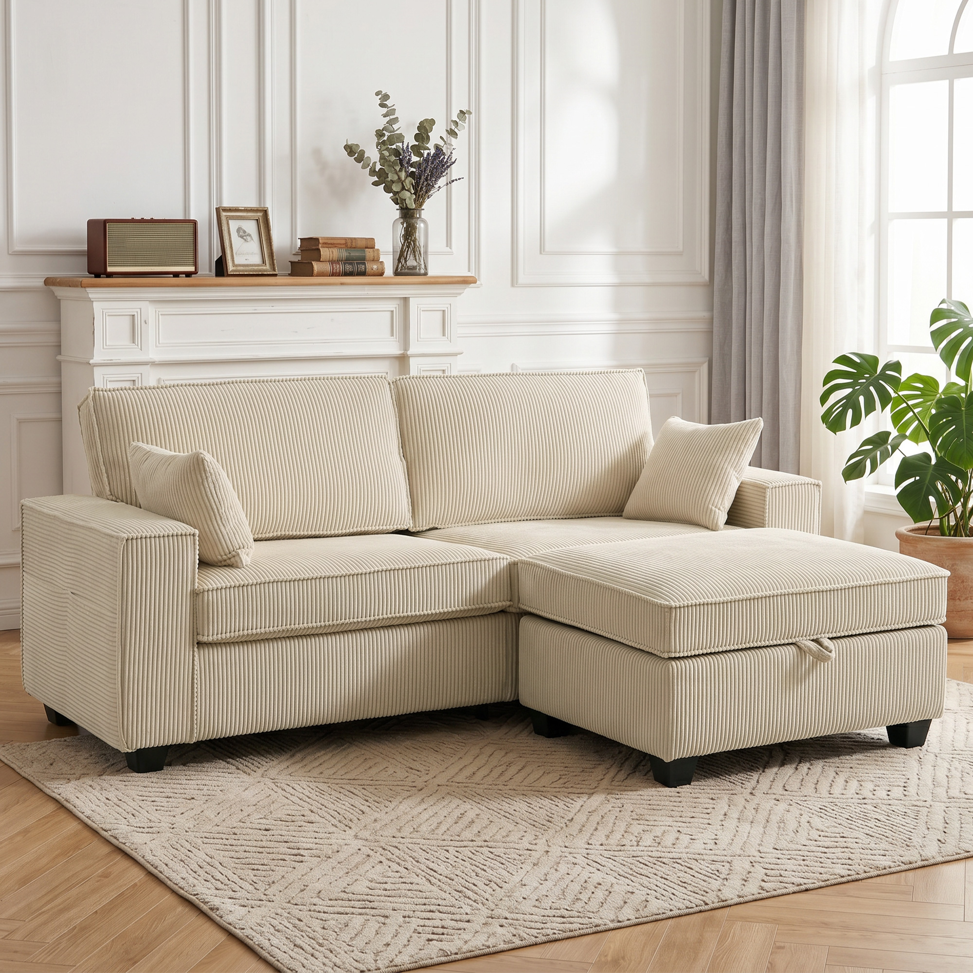Kampinė sofa su daiktadėže, velveto apmušalu, smėlio spalvos, 216 × 151 × 94 cm