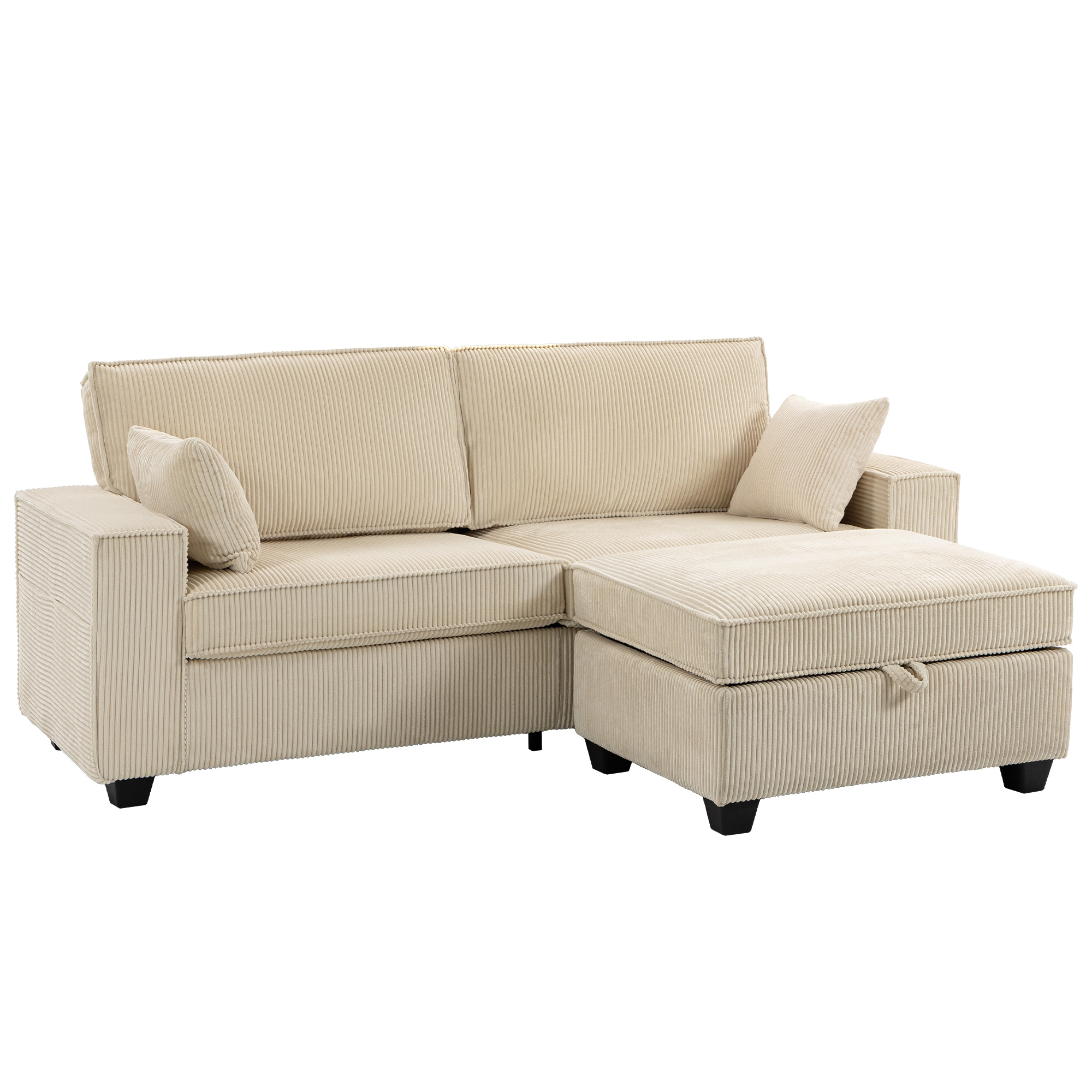 Kampinė sofa su daiktadėže, velveto apmušalu, smėlio spalvos, 216 × 151 × 94 cm