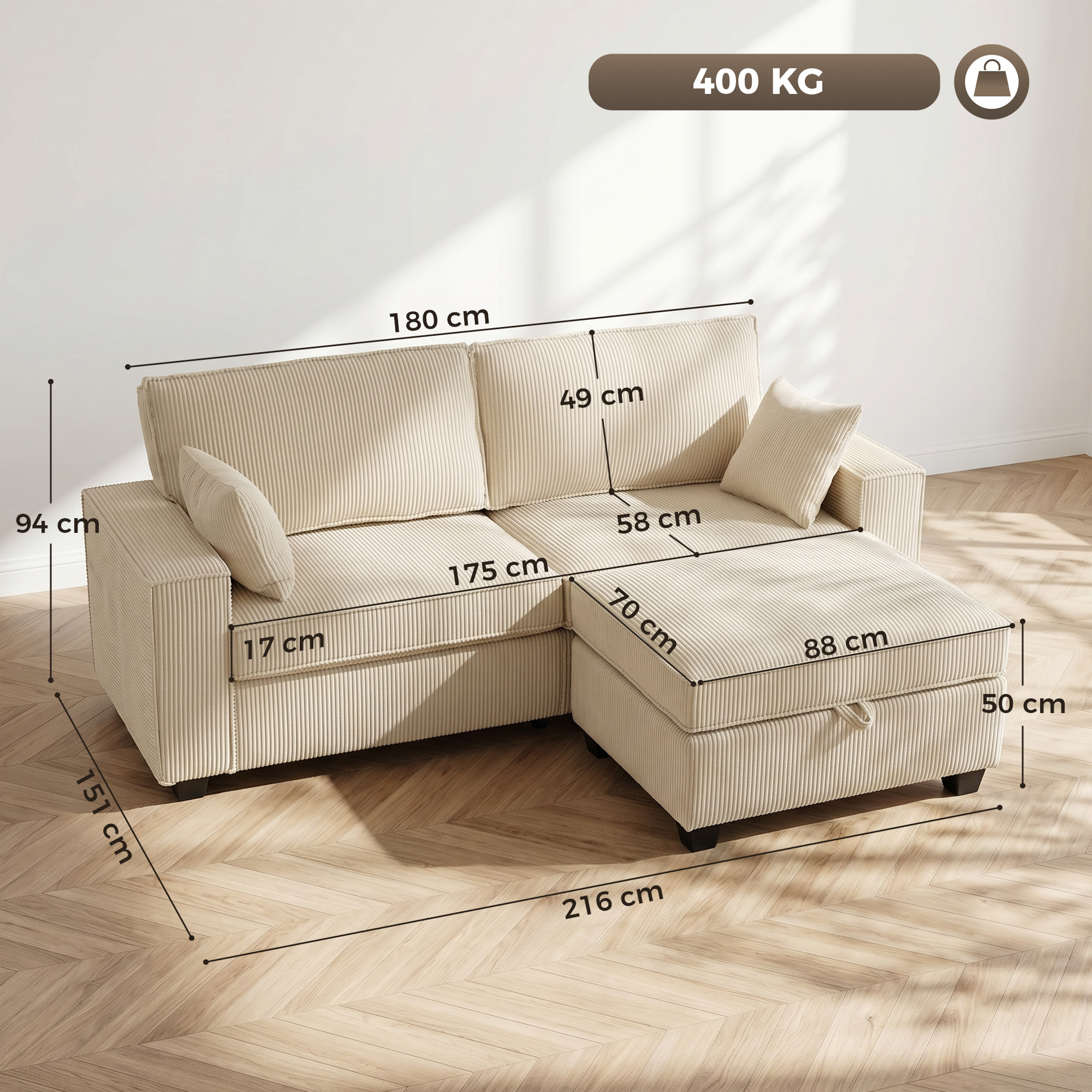 Kampinė sofa su daiktadėže, velveto apmušalu, smėlio spalvos, 216 × 151 × 94 cm 2