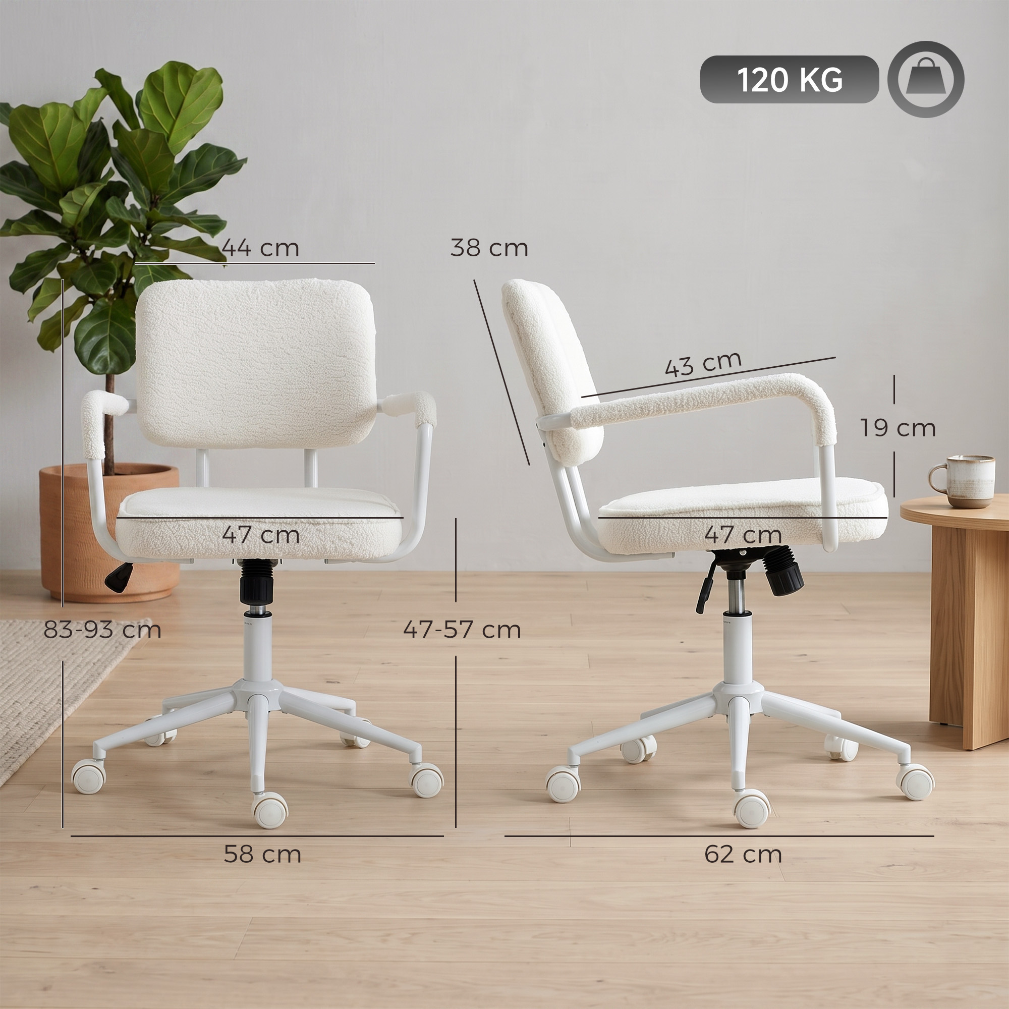 Biuro kėdė su supimo funkcija ir reguliuojamu aukščiu, kreminės baltos spalvos, 58 × 62 × 83–93 cm 2