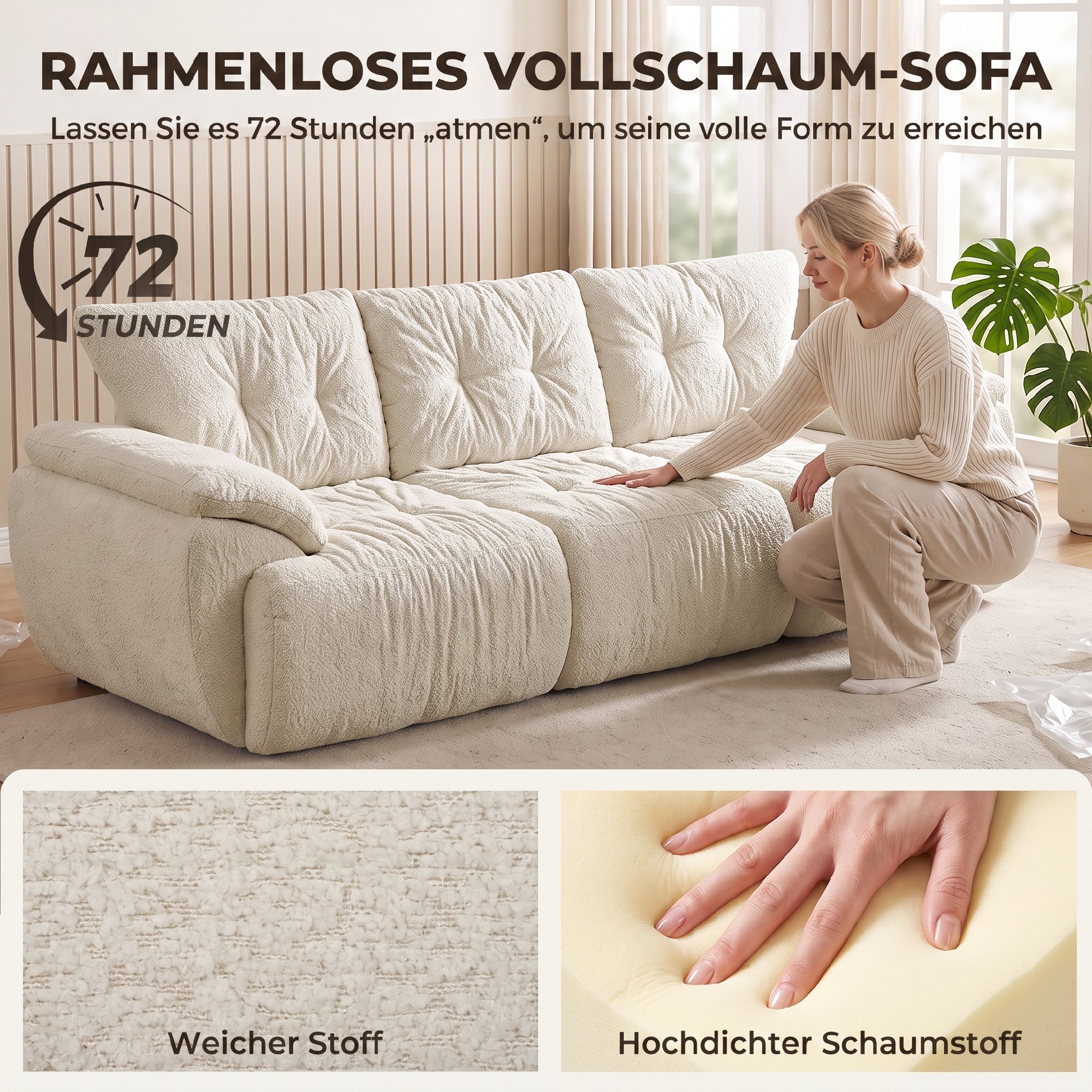 Trivietė modulinė sofa, berėmė, kreminė balta, 260 × 92 × 80 cm 3