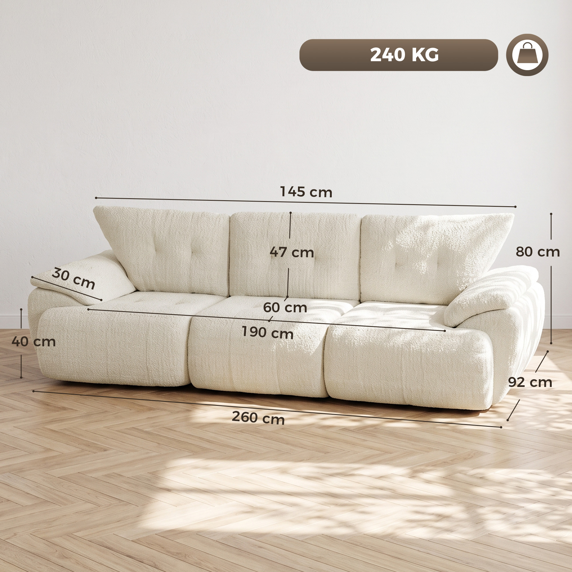 Trivietė modulinė sofa, berėmė, kreminė balta, 260 × 92 × 80 cm 2