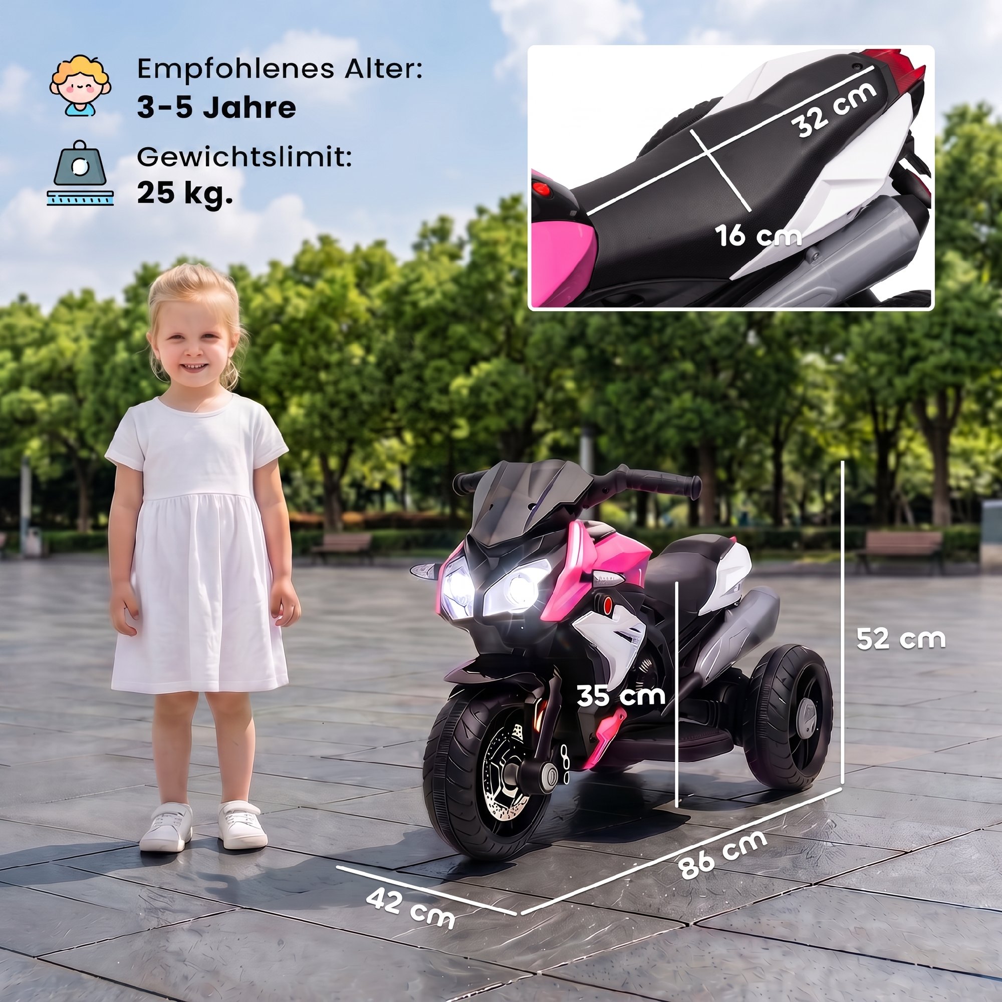 Vaikiškas elektromotociklas su šviesomis ir garsais, rožinis ir baltas, 86 × 42 × 52 cm 2