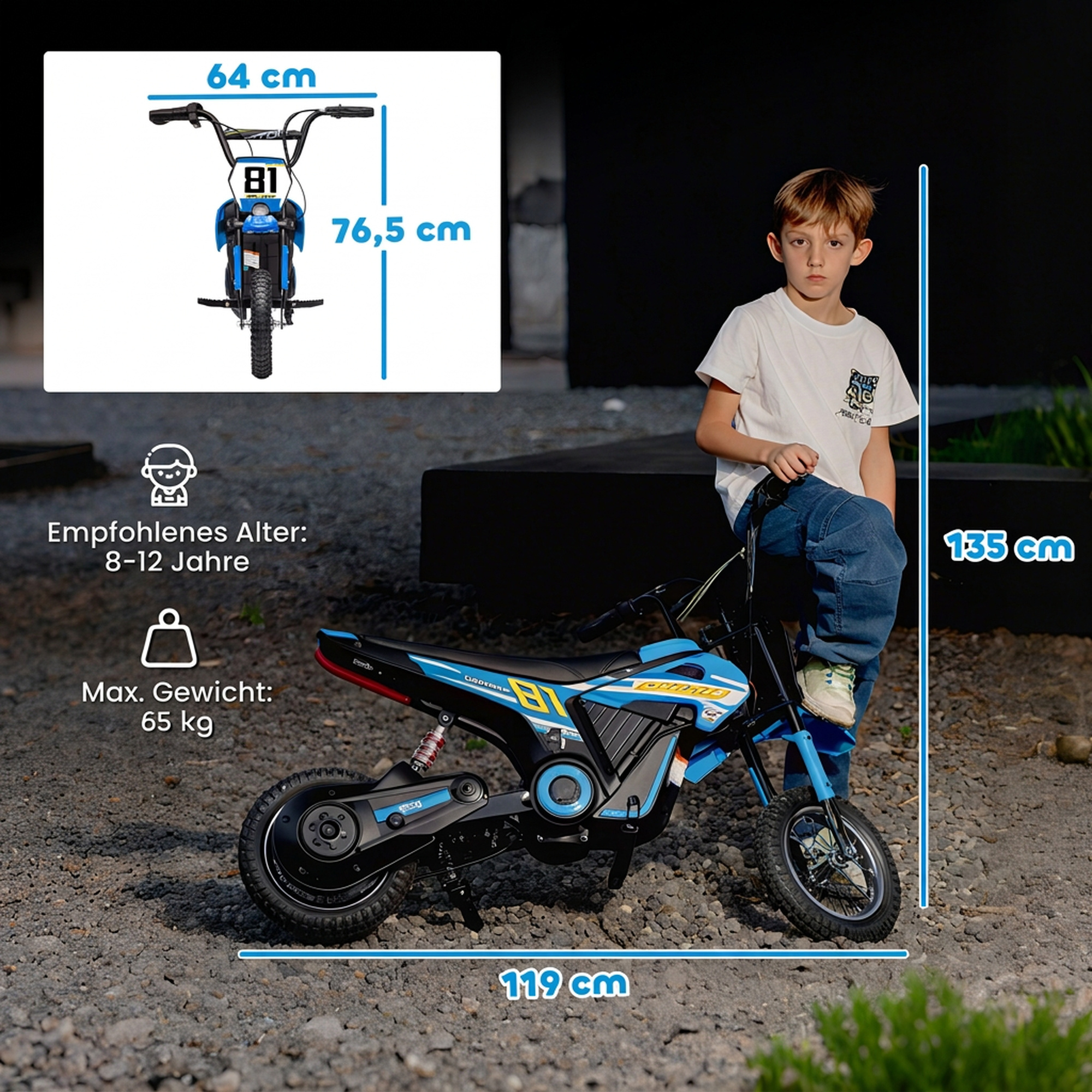 Vaikiškas elektrinis motociklas su 24 V 250 W varikliu ir galine pakaba, mėlynas ir juodas, 119 × 64 × 76,5 cm 2