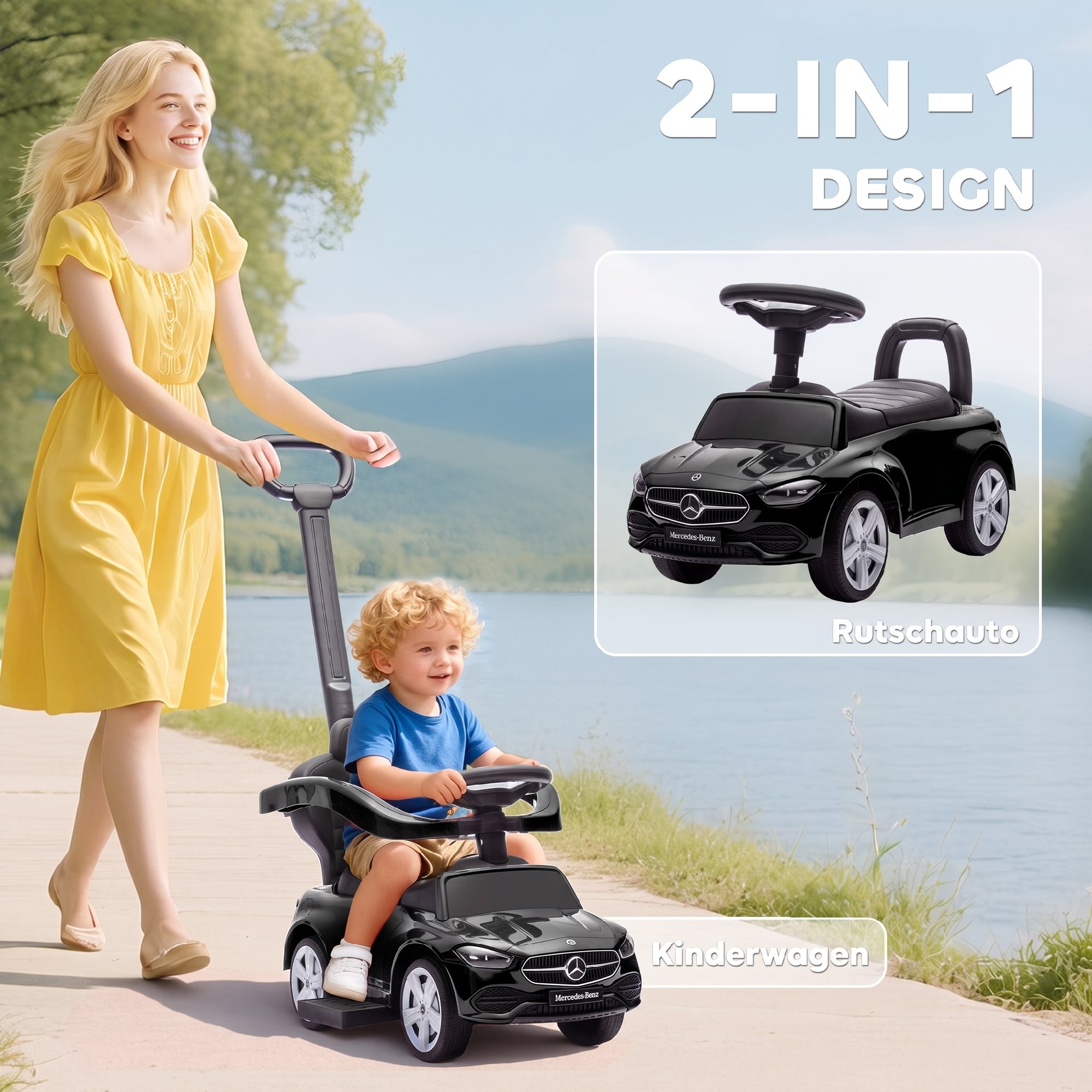 Paspiriama mašinėlė 2 viename, licencijuota Mercedes-Benz C klasės, juoda, 91 × 40 × 83 cm 3