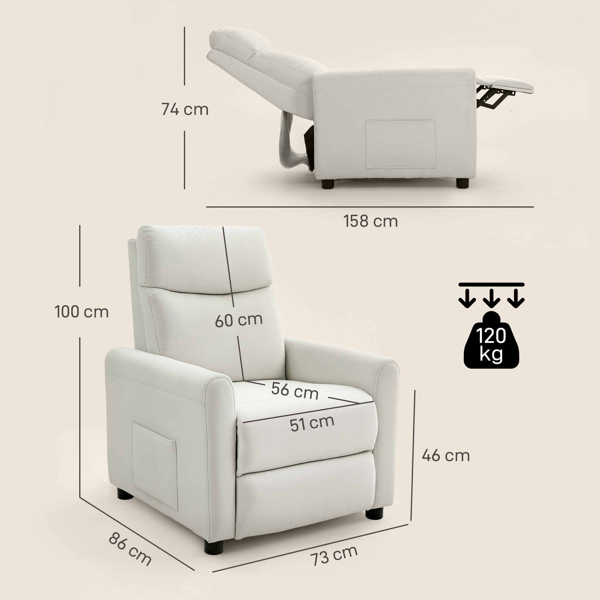 Fotelis, atlošiamas iki 145°, su kojų atrama, kreminės baltos spalvos, 73 x 86 x 100 cm 2