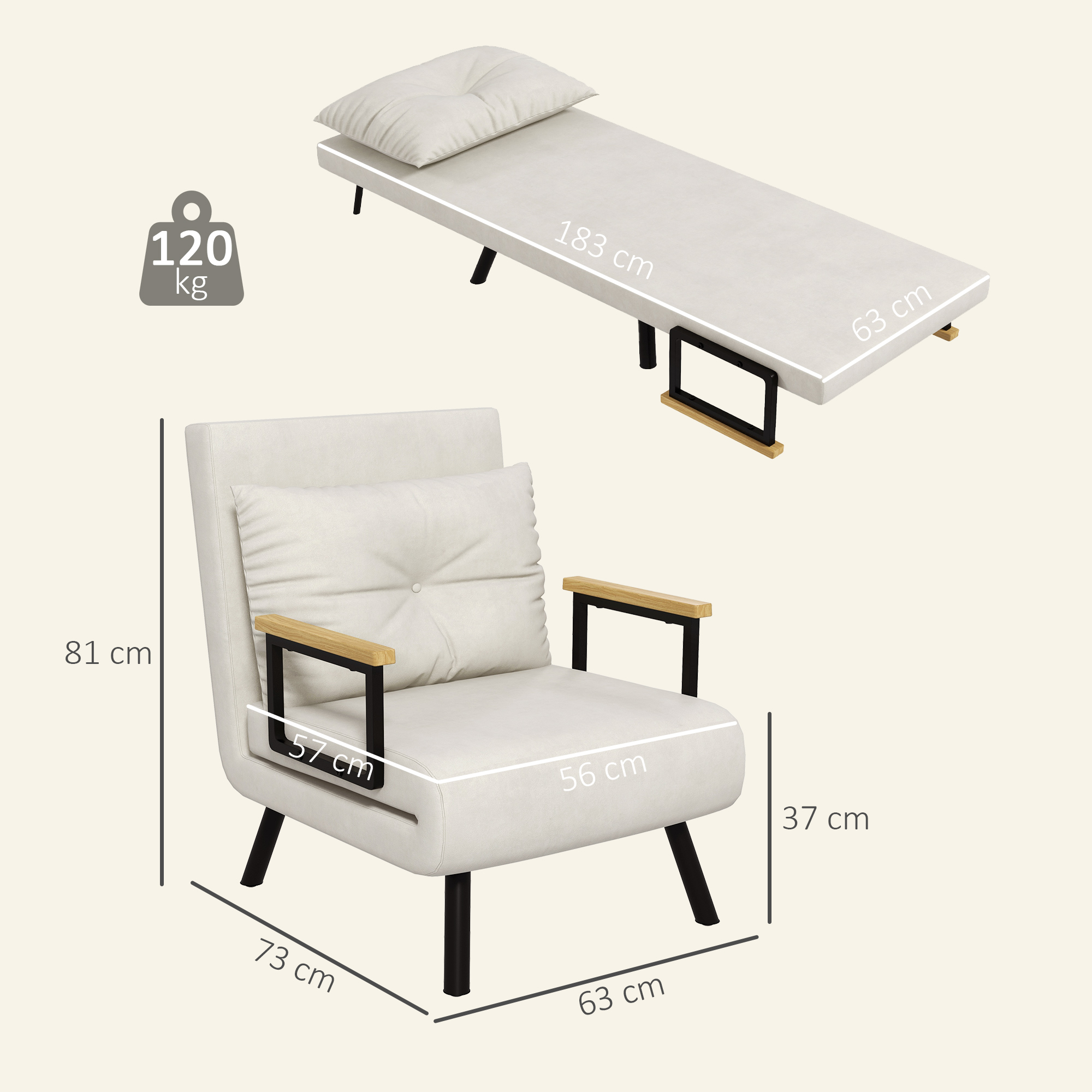 Miegamasis fotelis su 5 padėčių atlošu, kreminės baltos spalvos, 63 × 73 × 81 cm 2