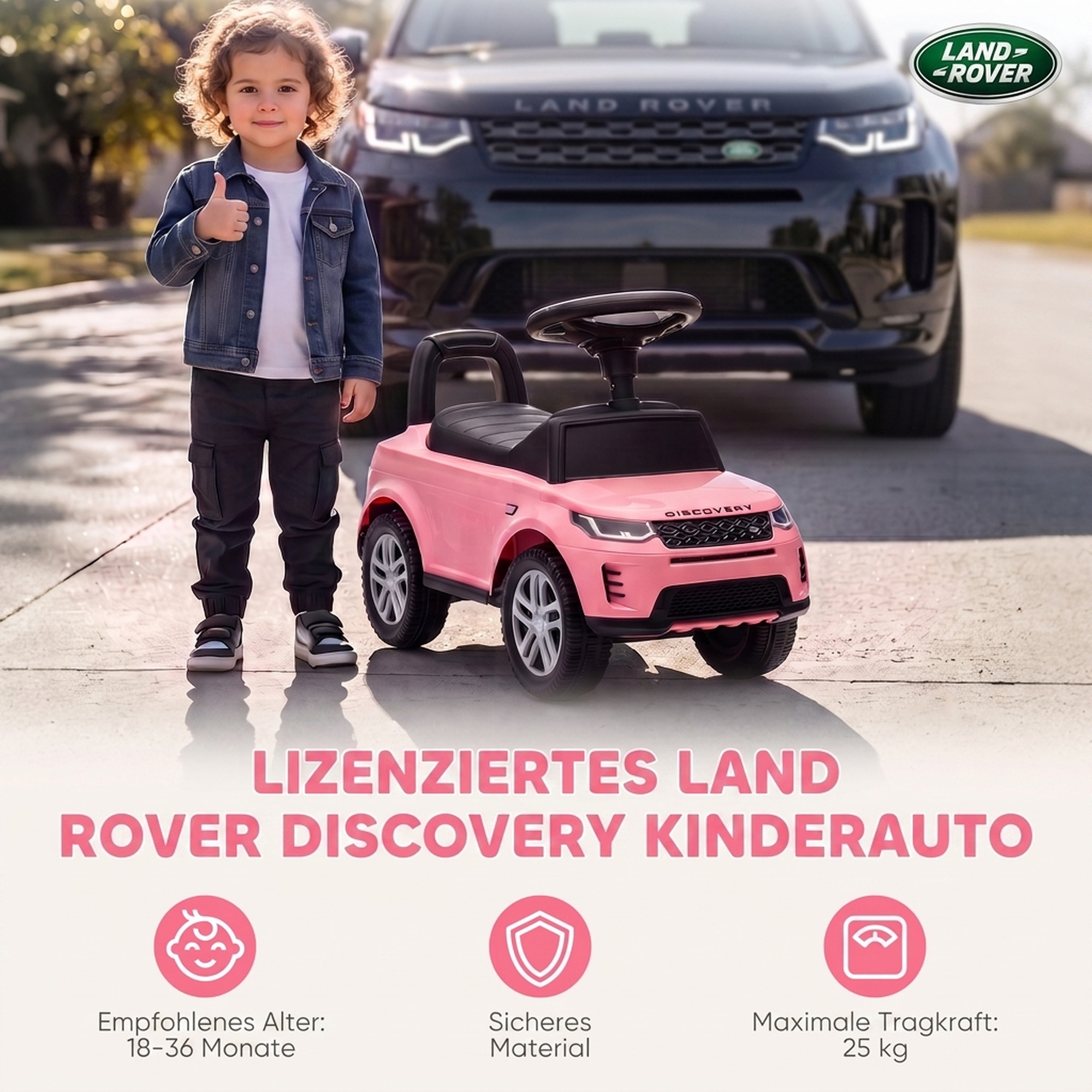 Paspiriama mašinėlė Land Rover Discovery su garsiniais efektais, rožinė, 65,5 × 28 × 42 cm 3