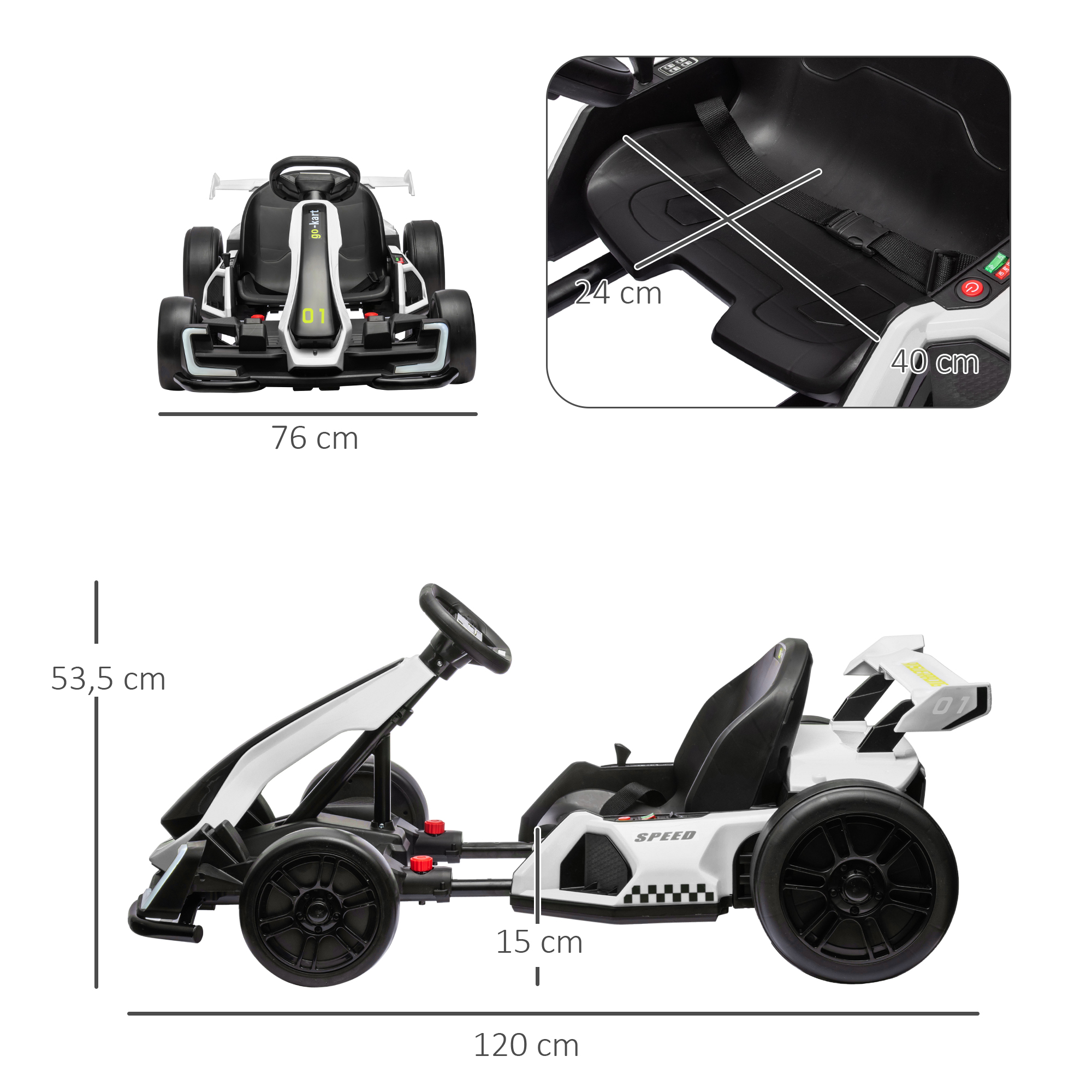 Elektrinis kartingas vaikams su 2 varikliais ir drifto režimu, baltas ir juodas, 120 × 76 × 53,5 cm 2