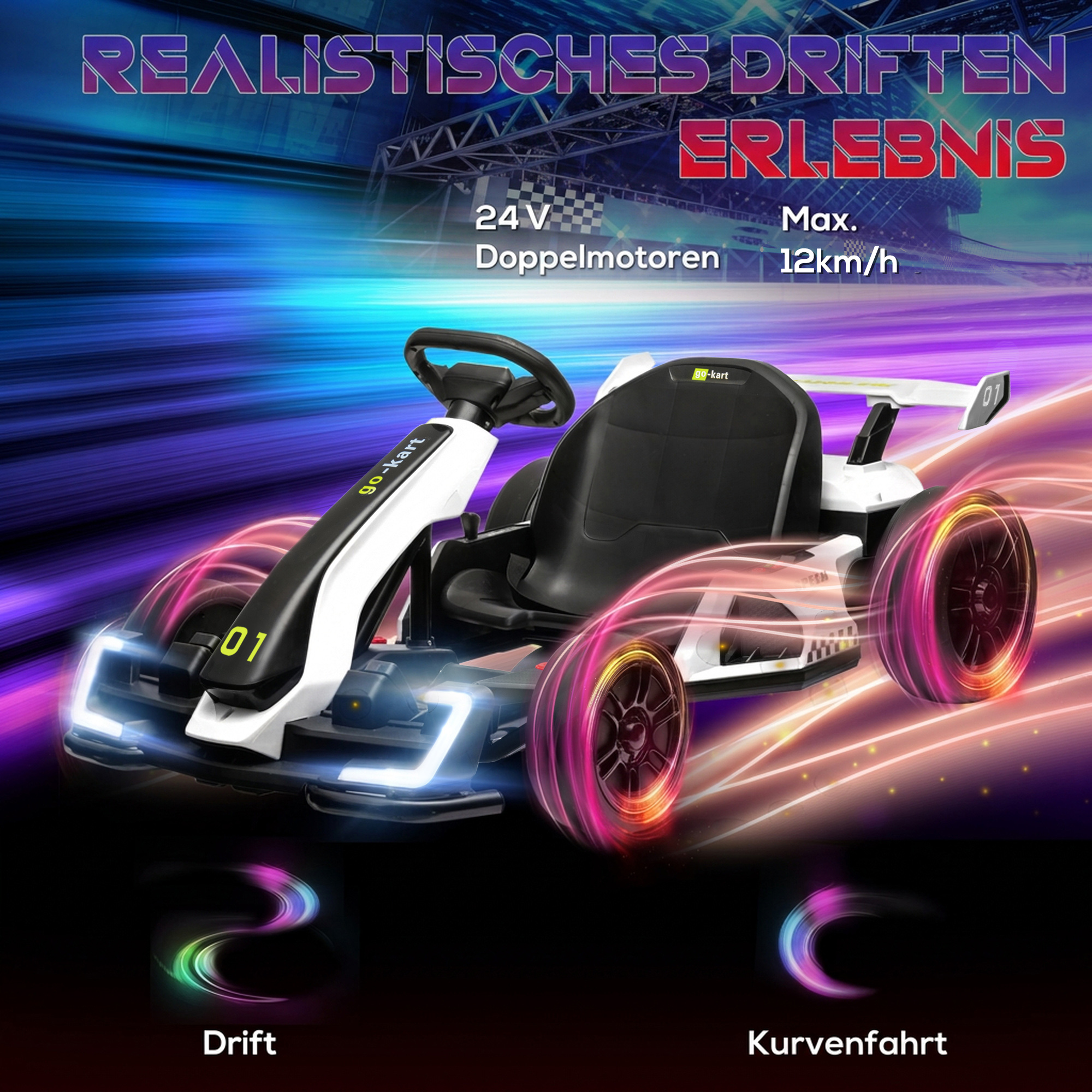 Elektrinis kartingas vaikams su 2 varikliais ir drifto režimu, baltas ir juodas, 120 × 76 × 53,5 cm 3