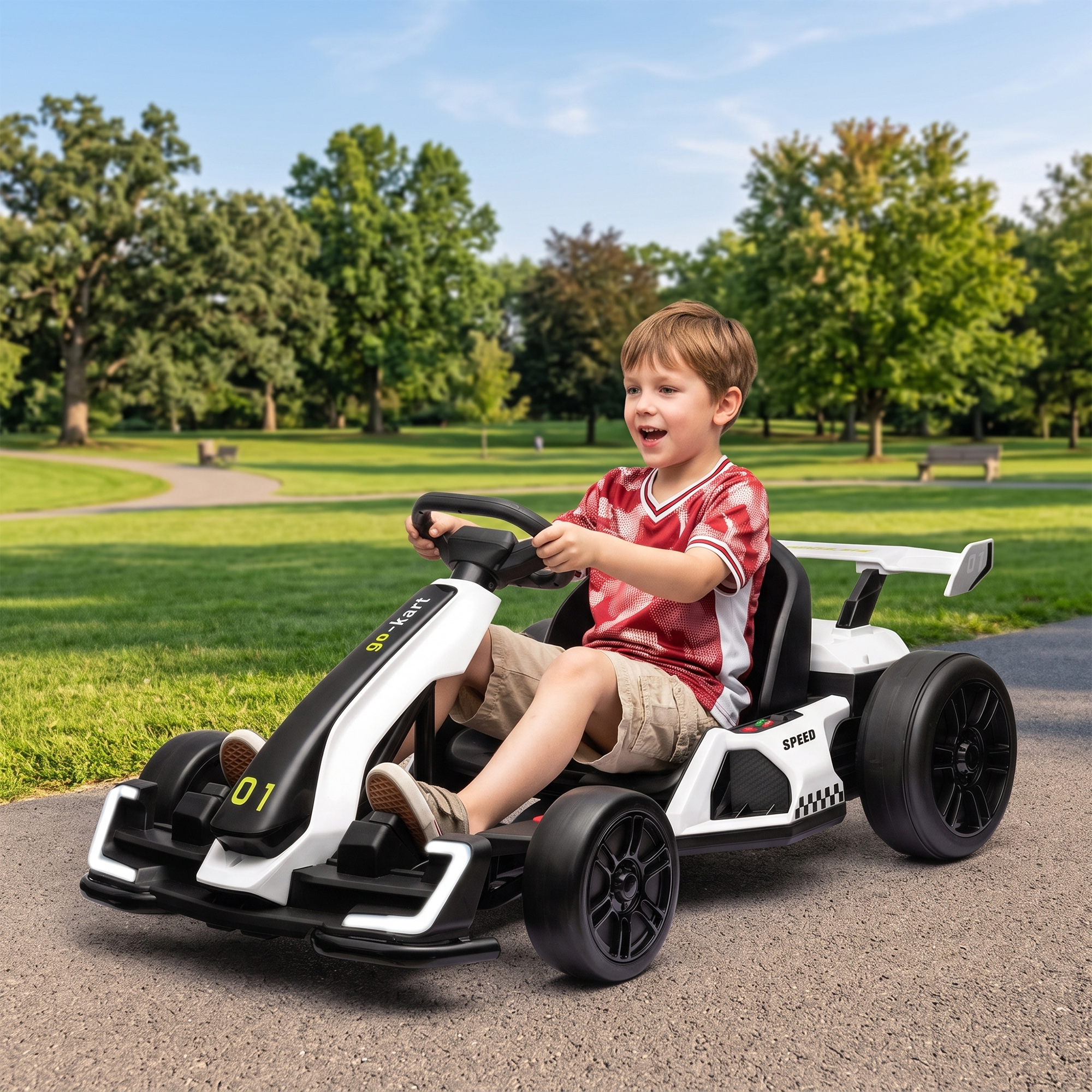 Elektrinis kartingas vaikams su 2 varikliais ir drifto režimu, baltas ir juodas, 120 × 76 × 53,5 cm
