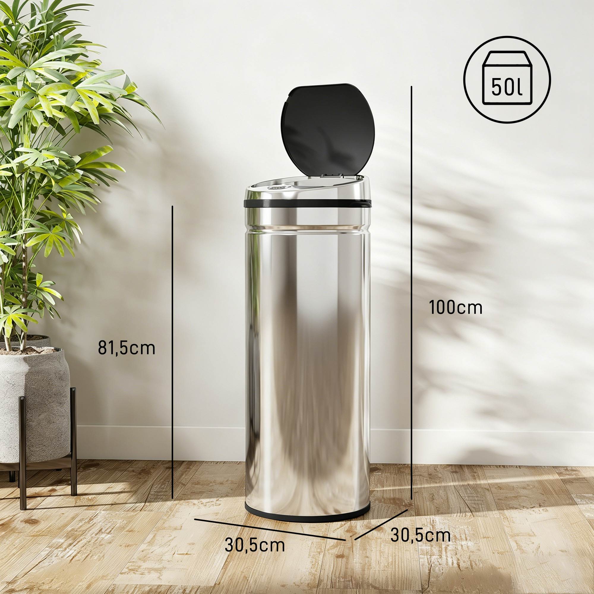 Šiukšliadėžė su infraraudonųjų spindulių jutikliu, 50 l, sidabrinė, Ø 30,5 × 81,5 cm 2
