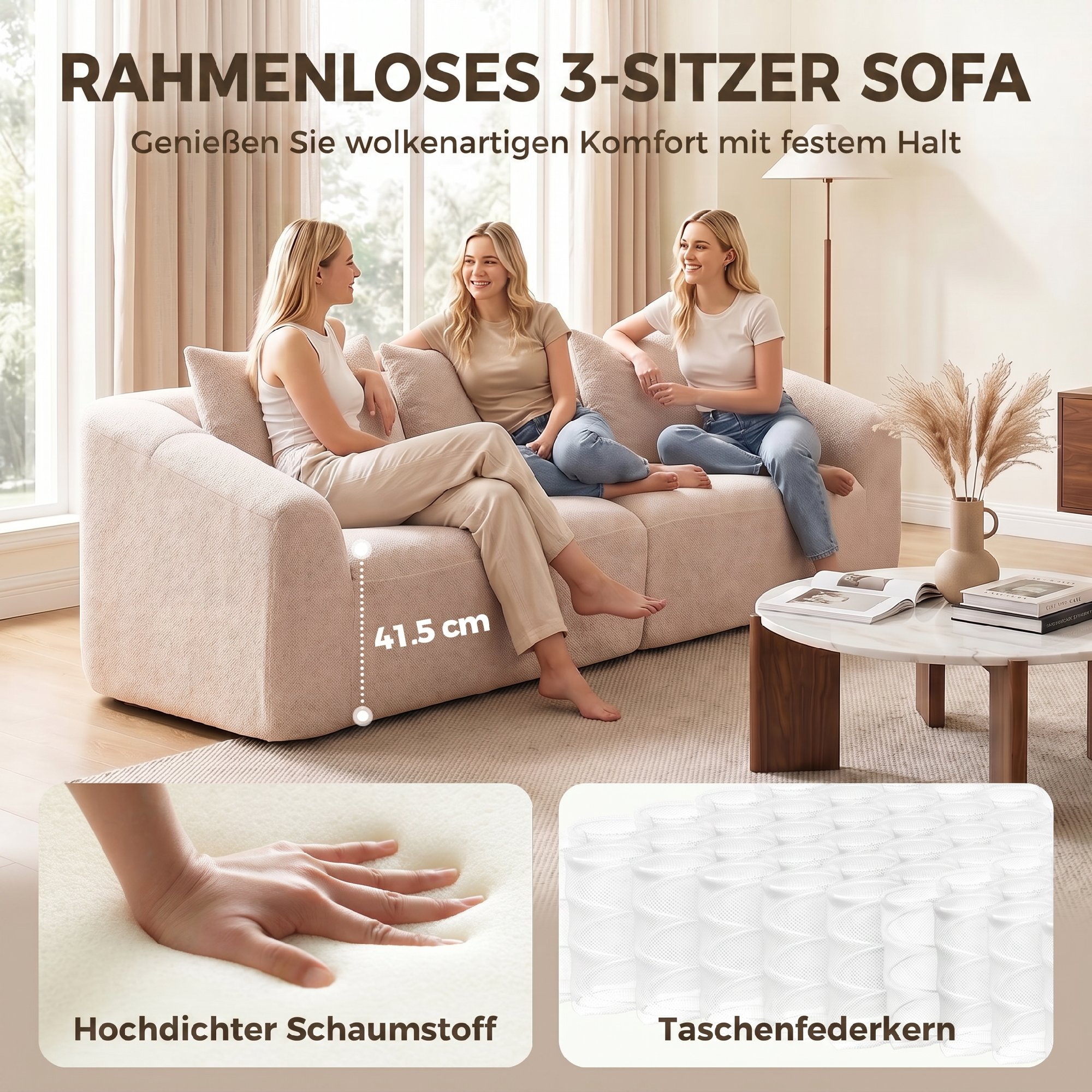 Trivietė sofa be rėmo su kišeninėmis spyruoklėmis, smėlinė, 225 x 93 x 83 cm 3