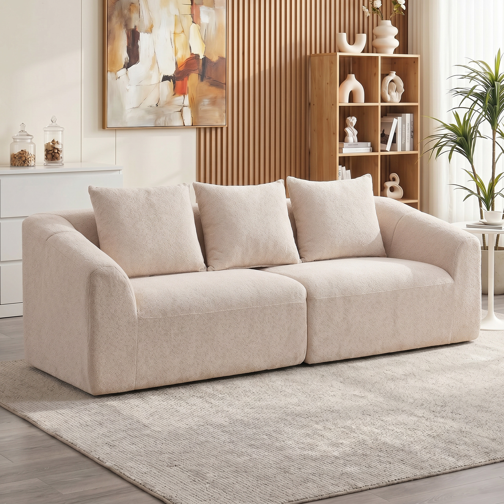 Trivietė sofa be rėmo su kišeninėmis spyruoklėmis, smėlinė, 225 x 93 x 83 cm