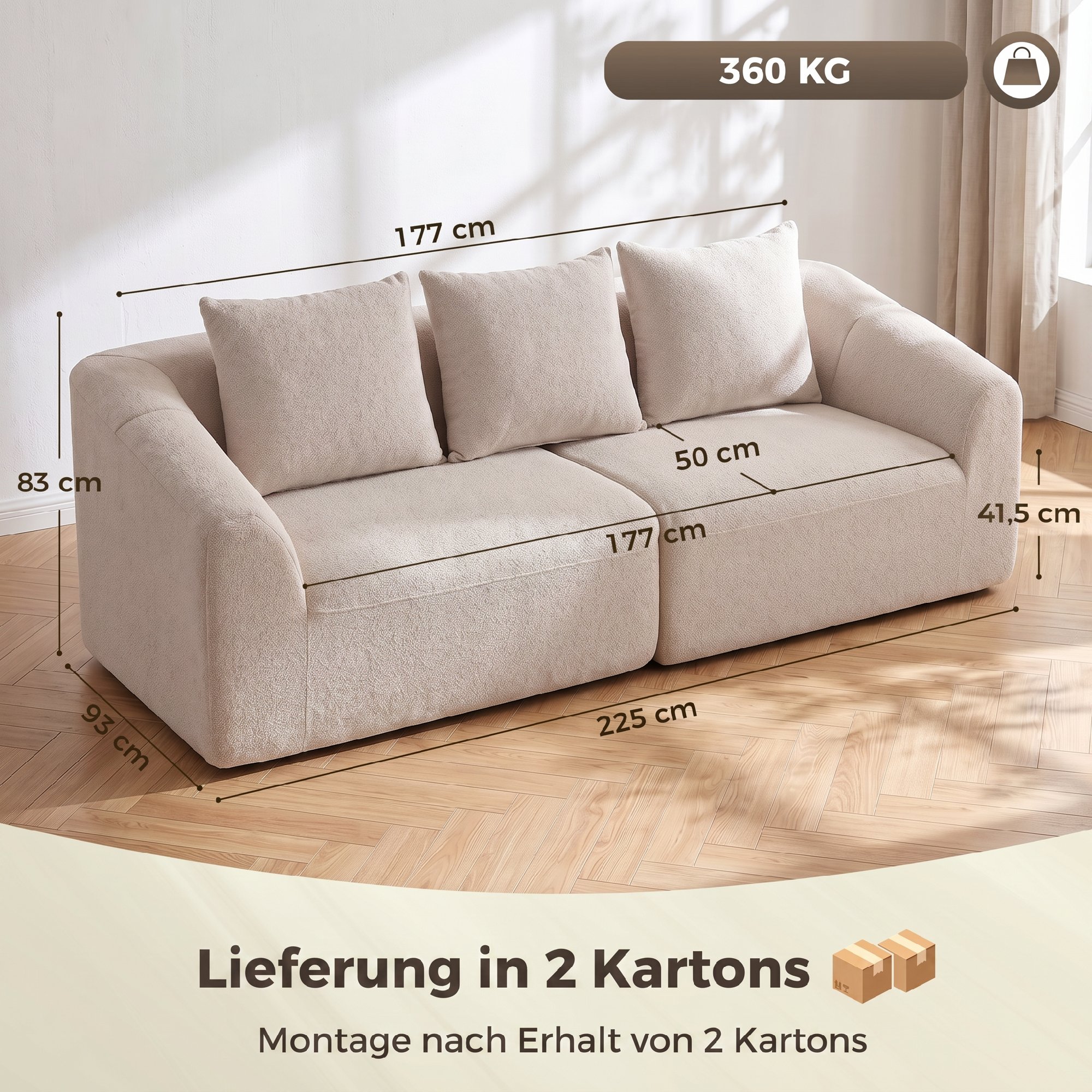 Trivietė sofa be rėmo su kišeninėmis spyruoklėmis, smėlinė, 225 x 93 x 83 cm 2