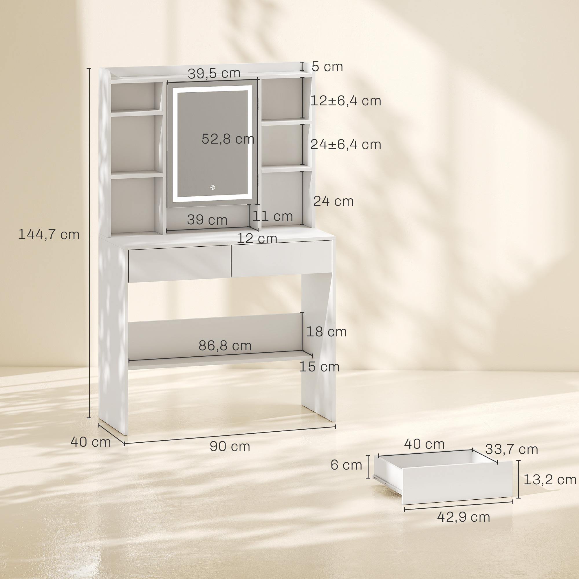 Kosmetinis staliukas su LED veidrodžiu ir 2 stalčiais, baltas, 90 x 40 x 144,7 cm 2