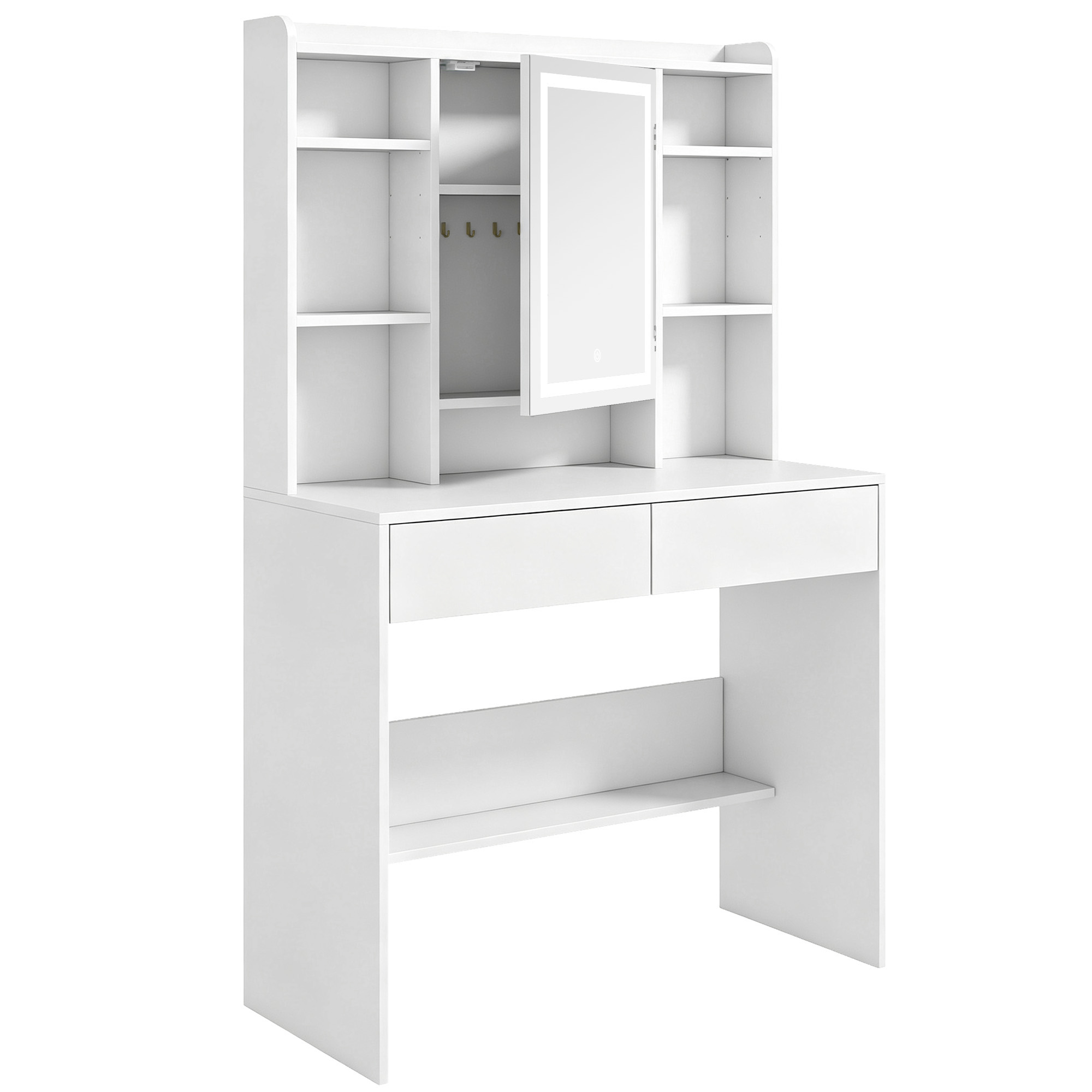 Kosmetinis staliukas su LED veidrodžiu ir 2 stalčiais, baltas, 90 x 40 x 144,7 cm