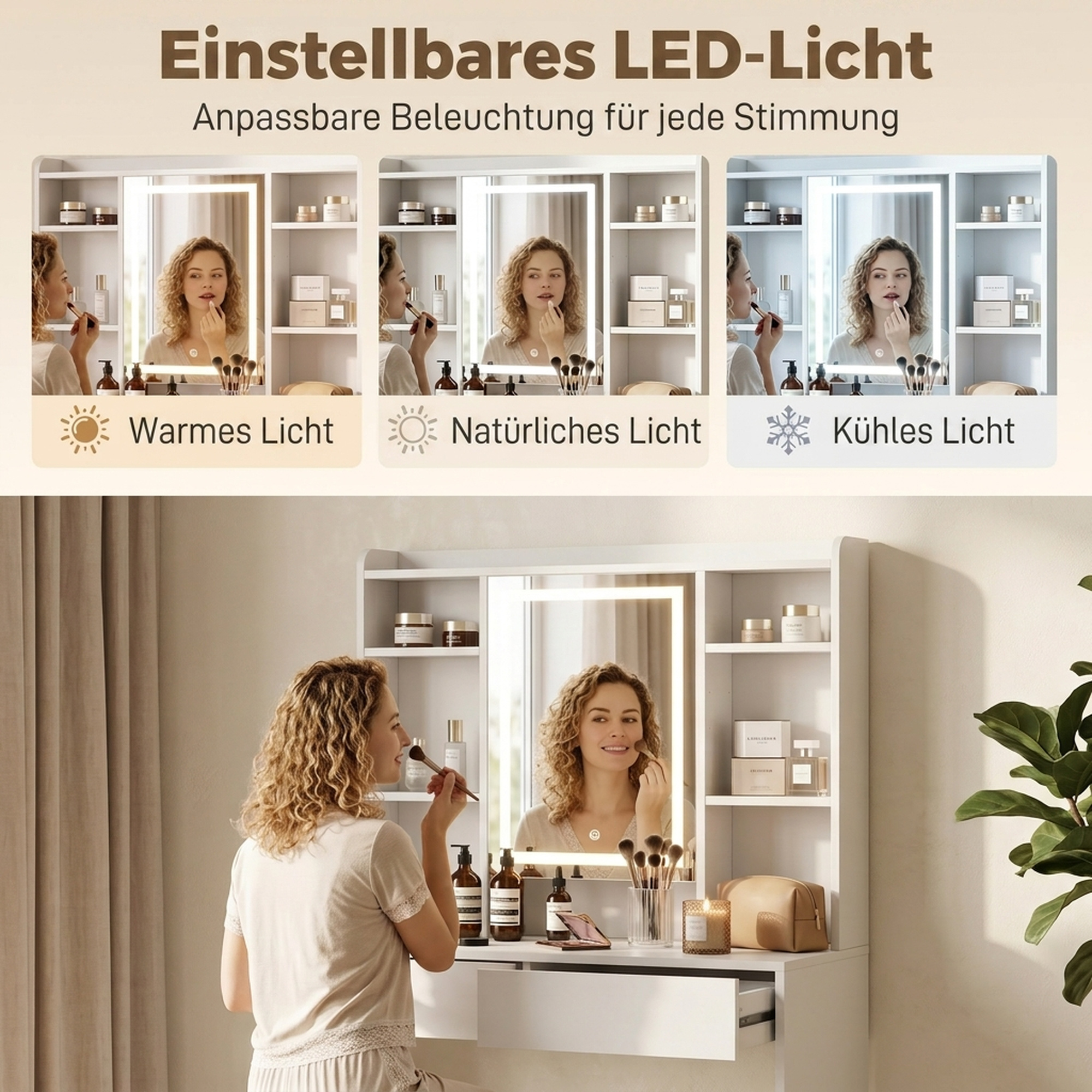 Kosmetinis staliukas su LED veidrodžiu ir 2 stalčiais, baltas, 90 x 40 x 144,7 cm 3