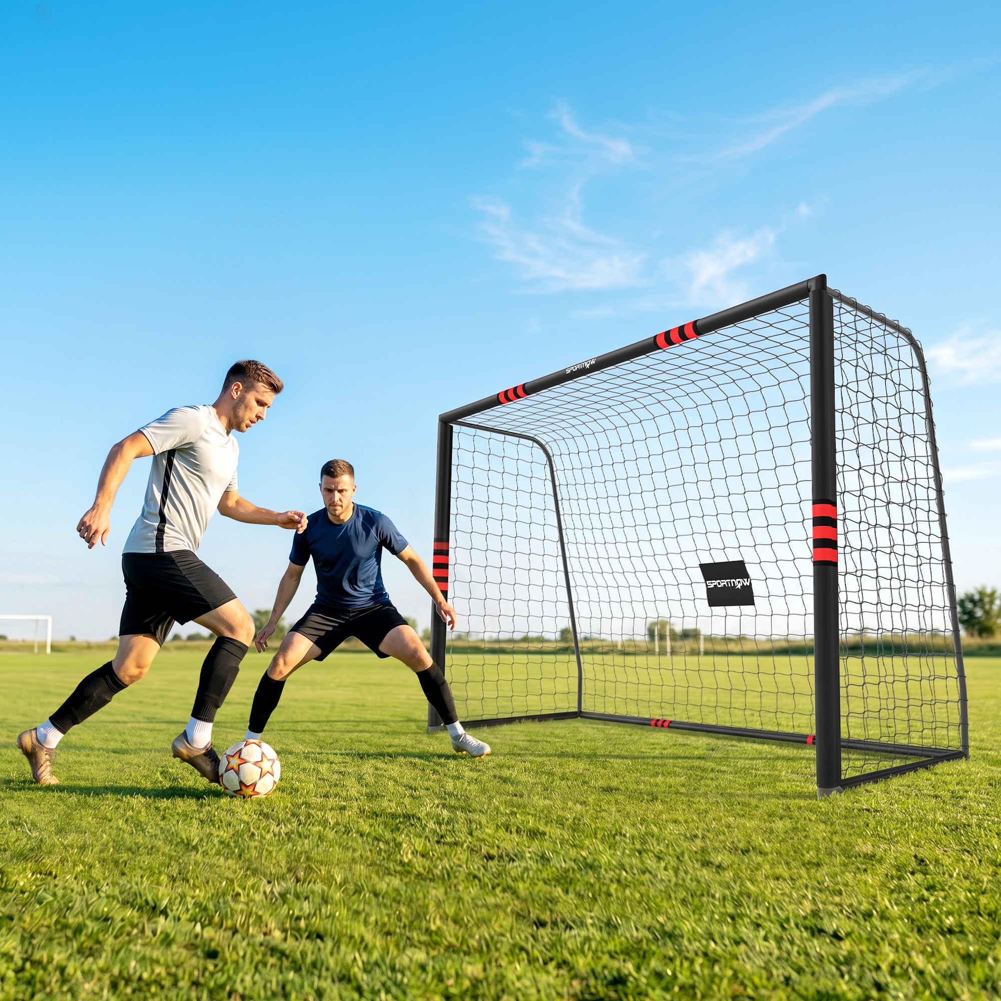 Futbolo vartai su paminkštintu rėmu ir tinklu, juodi ir raudoni, 300 x 120 x 200 cm