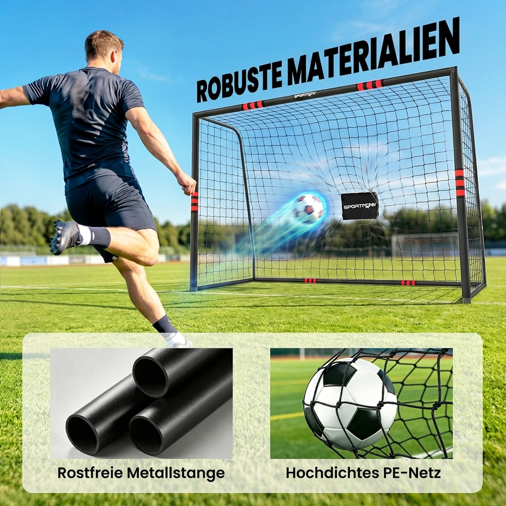 Futbolo vartai su paminkštintu rėmu ir tinklu, juodi ir raudoni, 300 x 120 x 200 cm 3