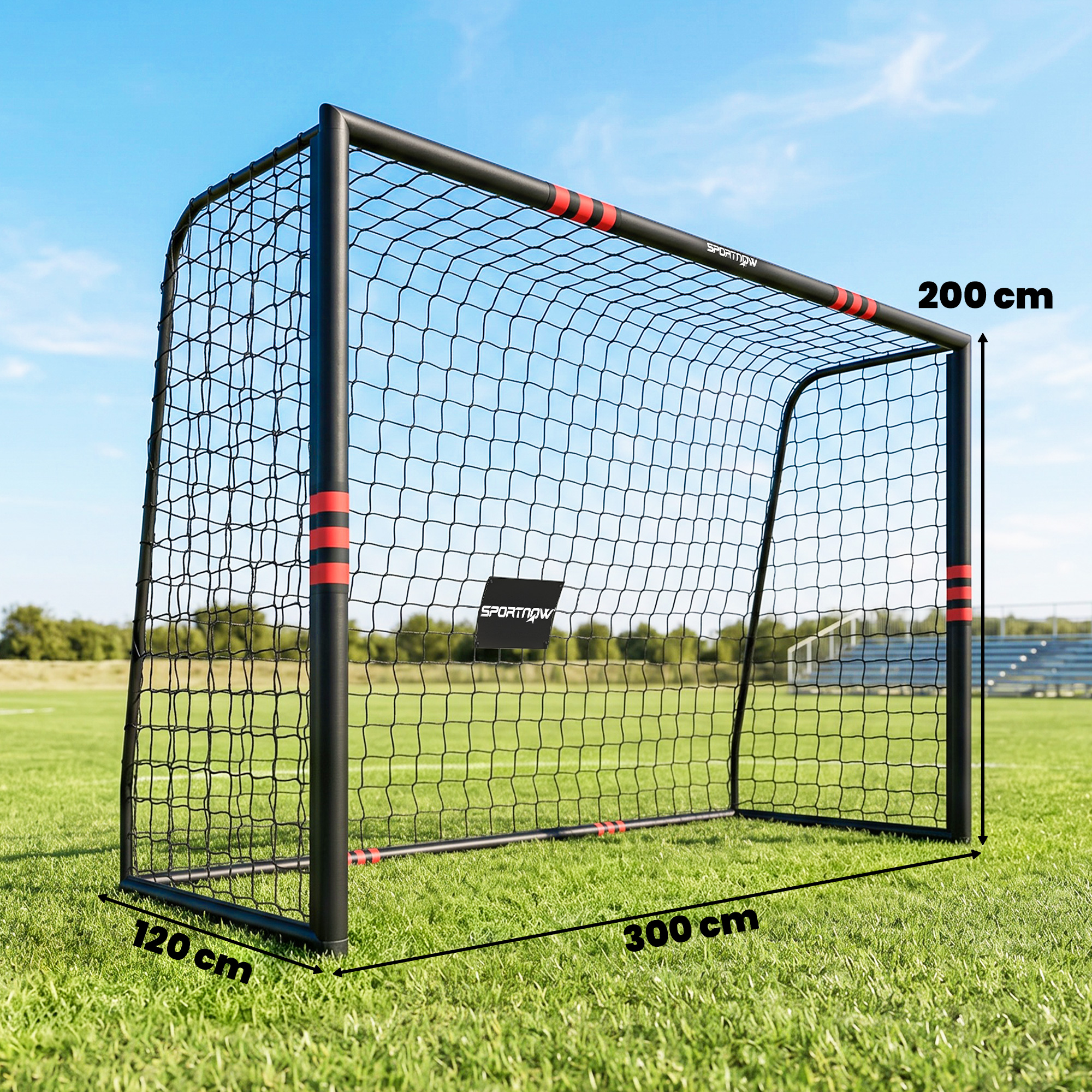 Futbolo vartai su paminkštintu rėmu ir tinklu, juodi ir raudoni, 300 x 120 x 200 cm 2