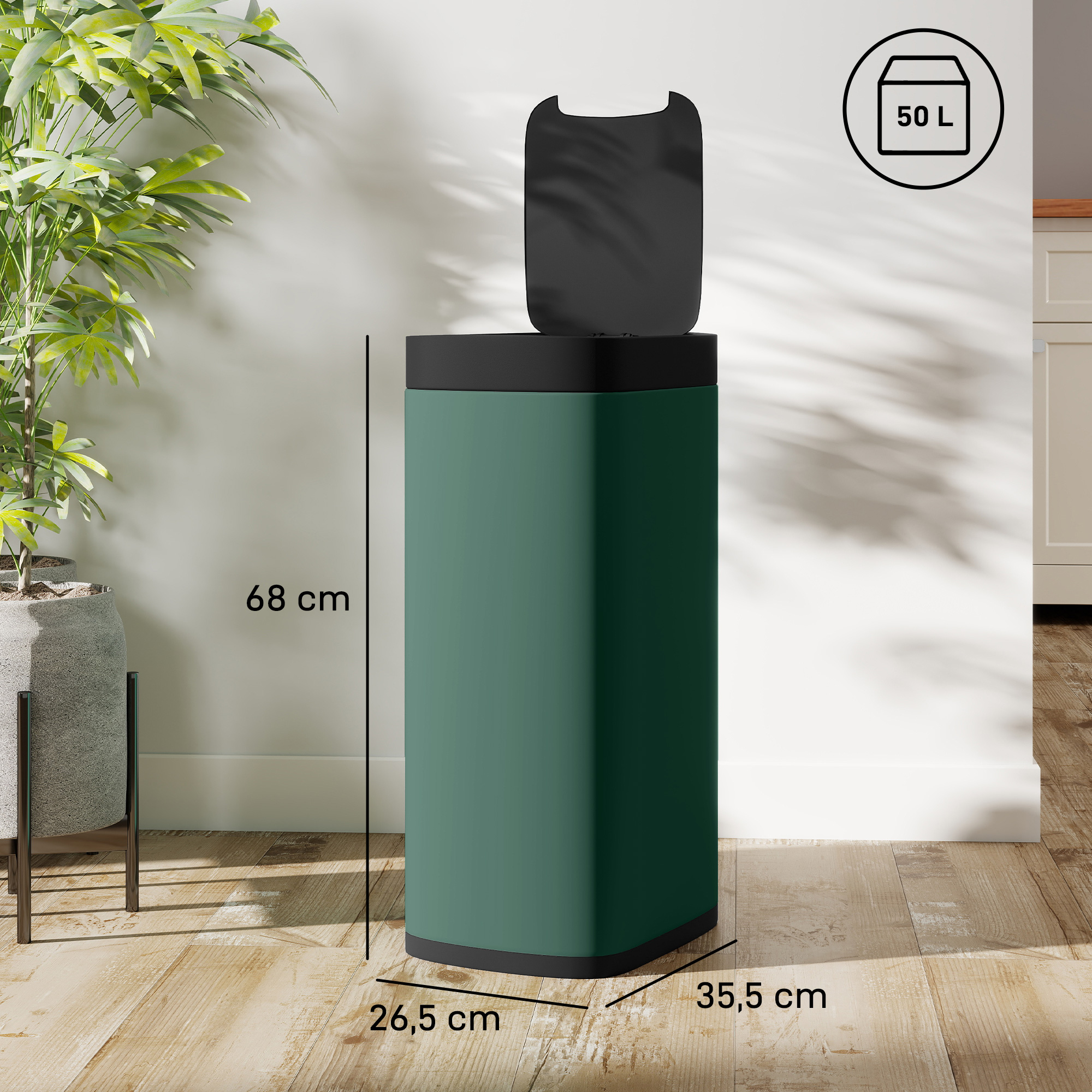 Sensorinė šiukšliadėžė su infraraudonųjų spindulių jutikliu, 50 l, tamsiai žalia ir juoda, 26,5 × 35,5 × 68 cm 2