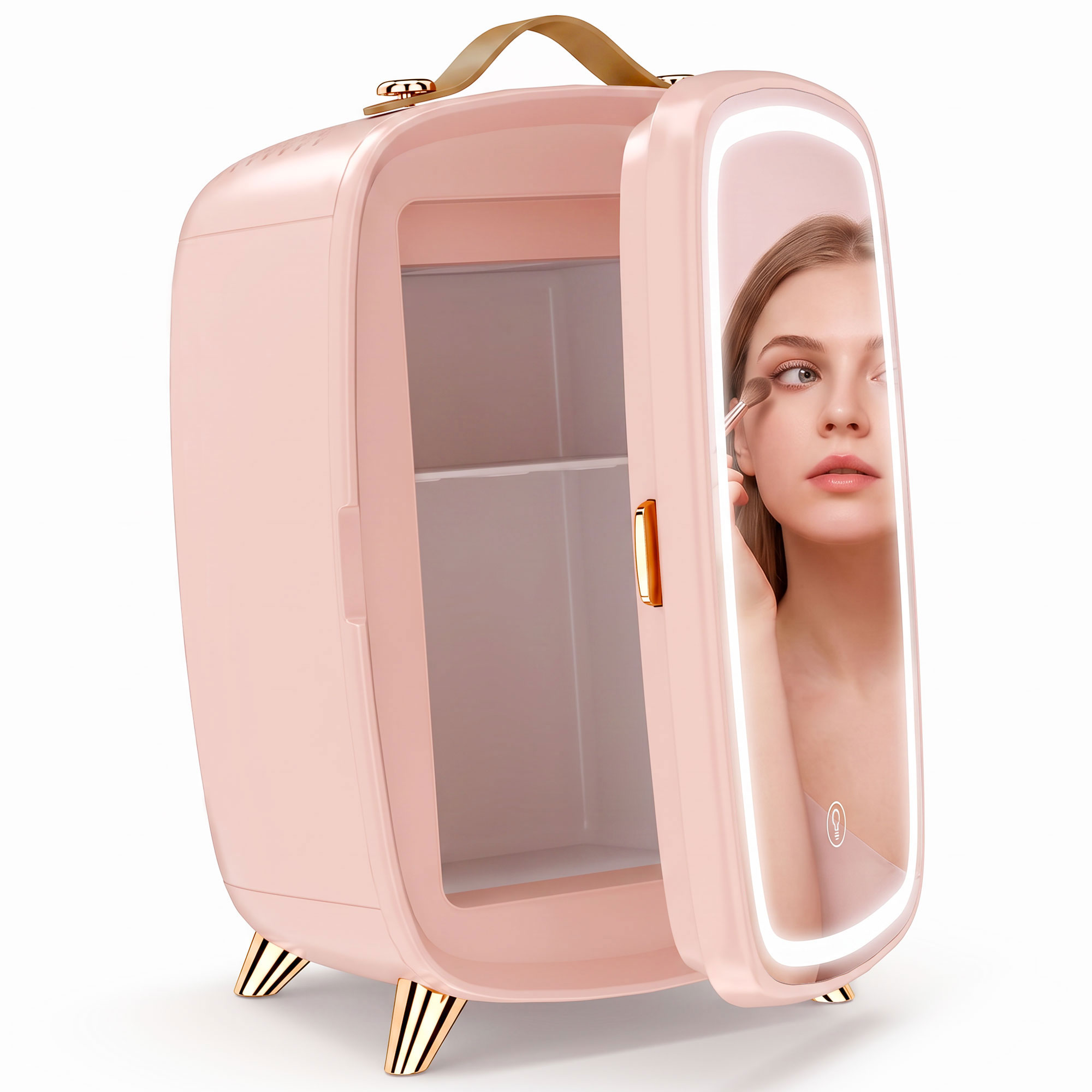 Mini šaldytuvas su apšviestu veidrodžiu, 6 l, rožinis, 24,3 × 19,4 × 35,6 cm