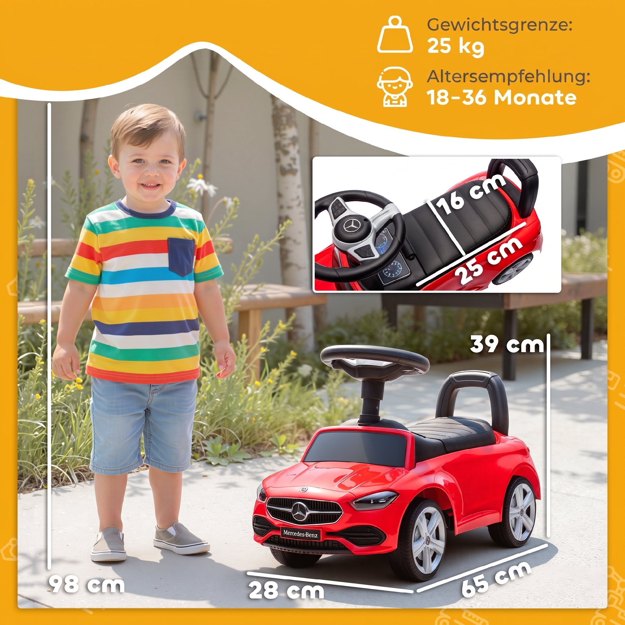 Paspiriama mašinėlė Mercedes-Benz C-Class su garsais, raudona, 65 × 28 × 39 cm 2