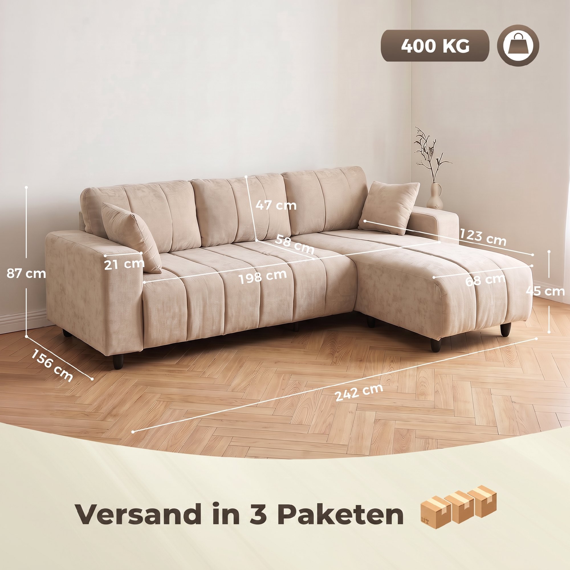 Kampinė sofa su keičiama gulimąja dalimi, 3 vietų, smėlio spalvos, 242 x 156 x 87 cm 2