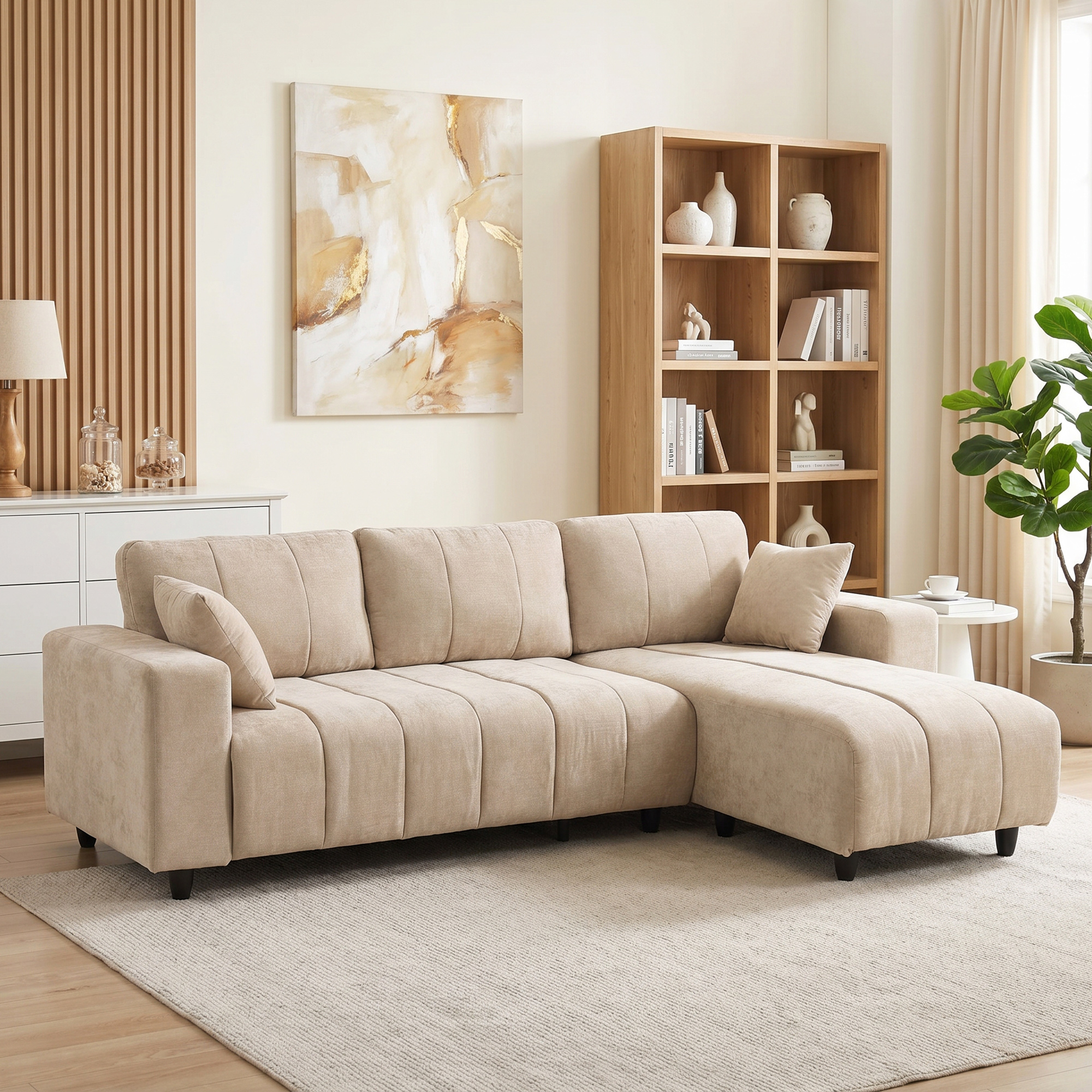 Kampinė sofa su keičiama gulimąja dalimi, 3 vietų, smėlio spalvos, 242 x 156 x 87 cm