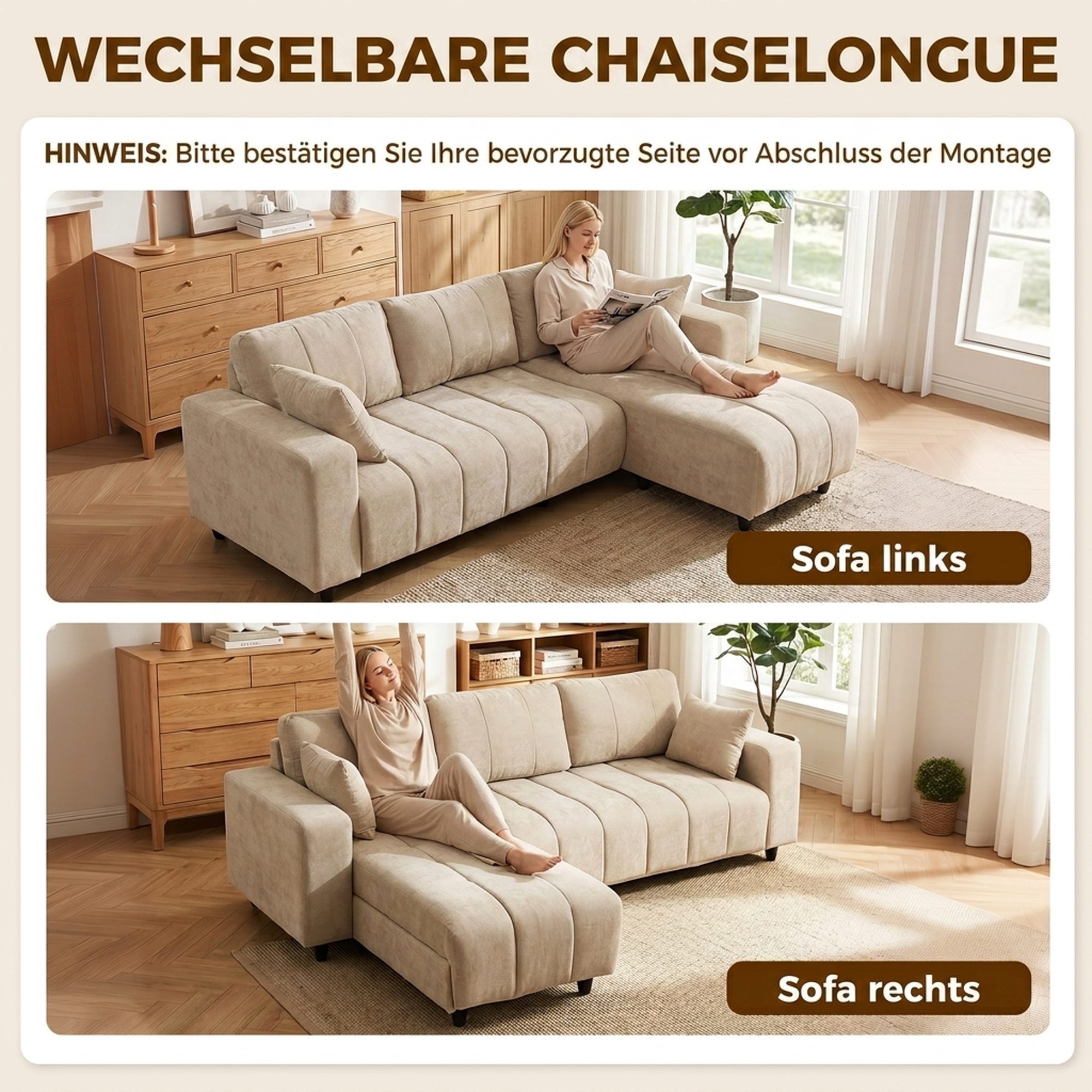 Kampinė sofa su keičiama gulimąja dalimi, 3 vietų, smėlio spalvos, 242 x 156 x 87 cm 3