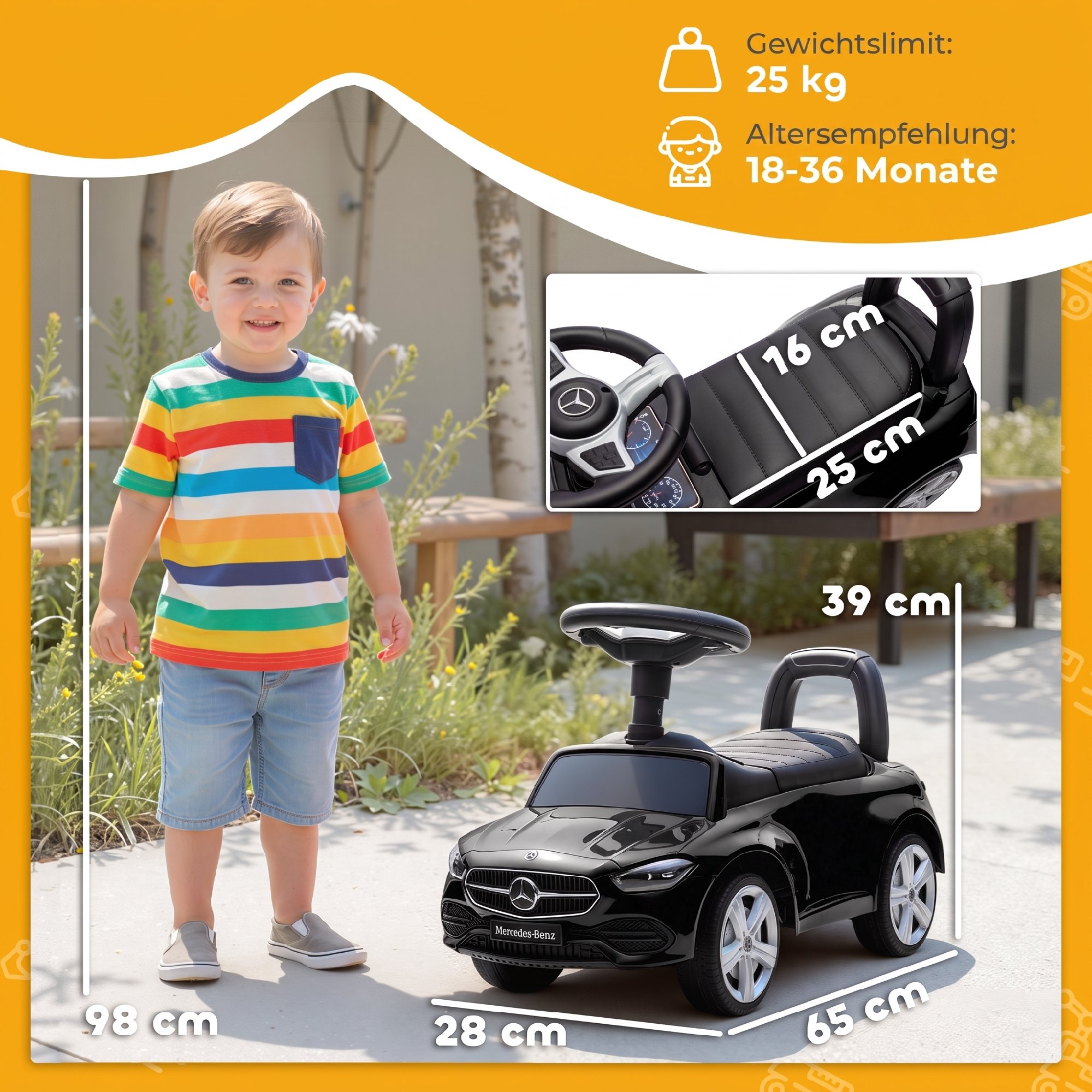 Paspiriama mašinėlė „Mercedes-Benz C-Class“ su garso efektais, juoda, 65 × 28 × 39 cm 2