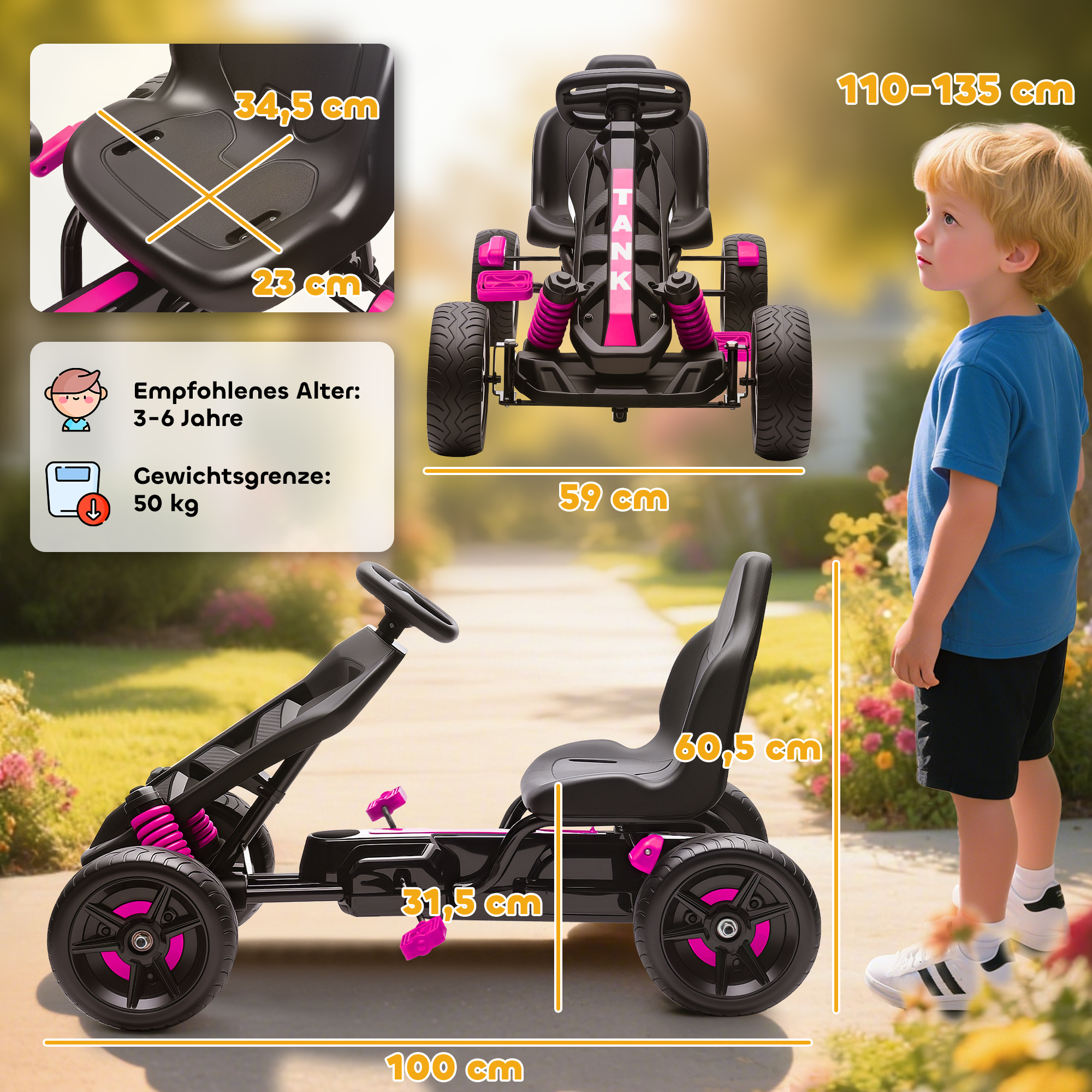 Vaikiškas pedalinis kartingas su laisvosios eigos sistema ir stabdžiu, rožinis, 100 × 59 × 60,5 cm 2