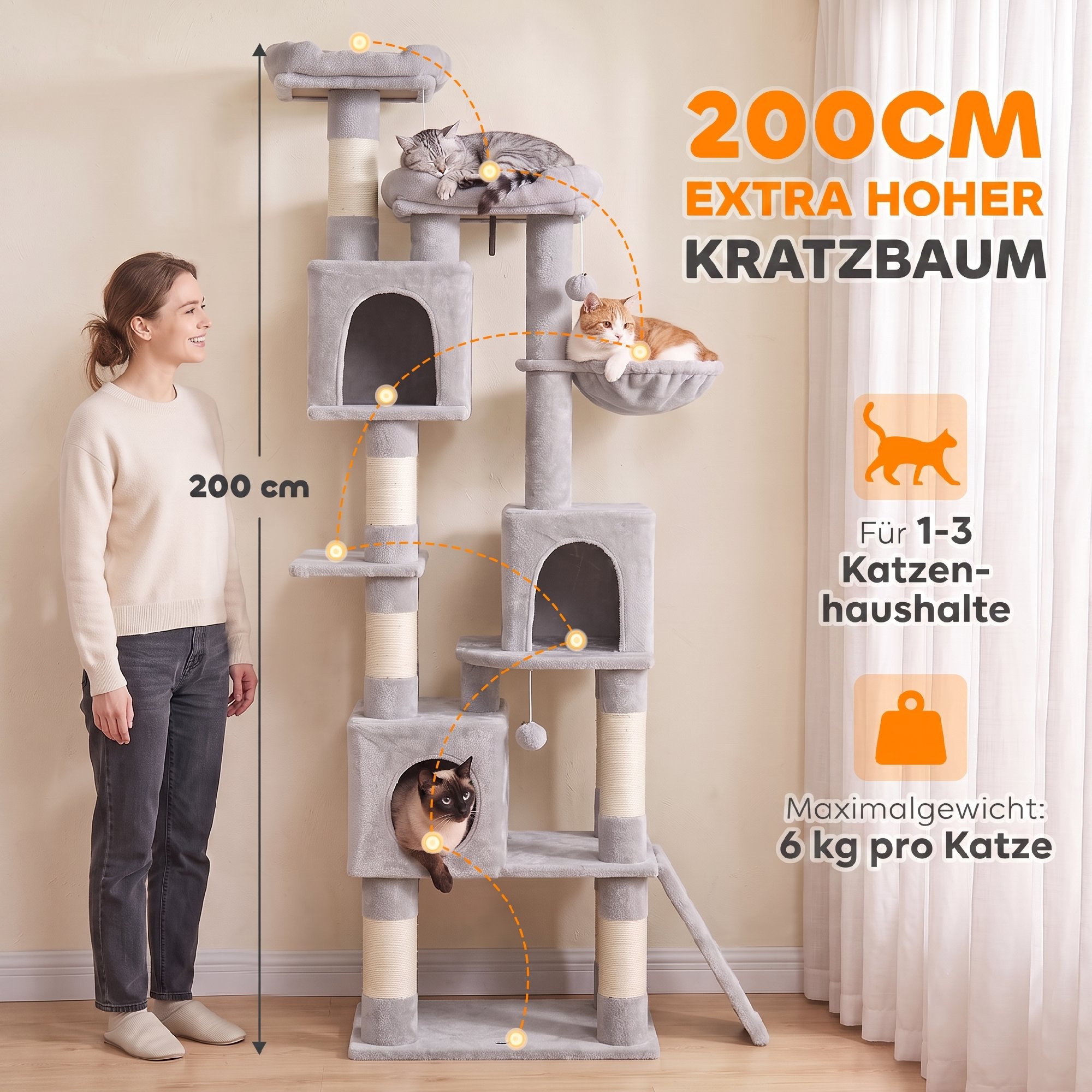 Kačių draskyklė, šešių lygių su hamaku, šviesiai pilka ir smėlinė, 200 cm 3