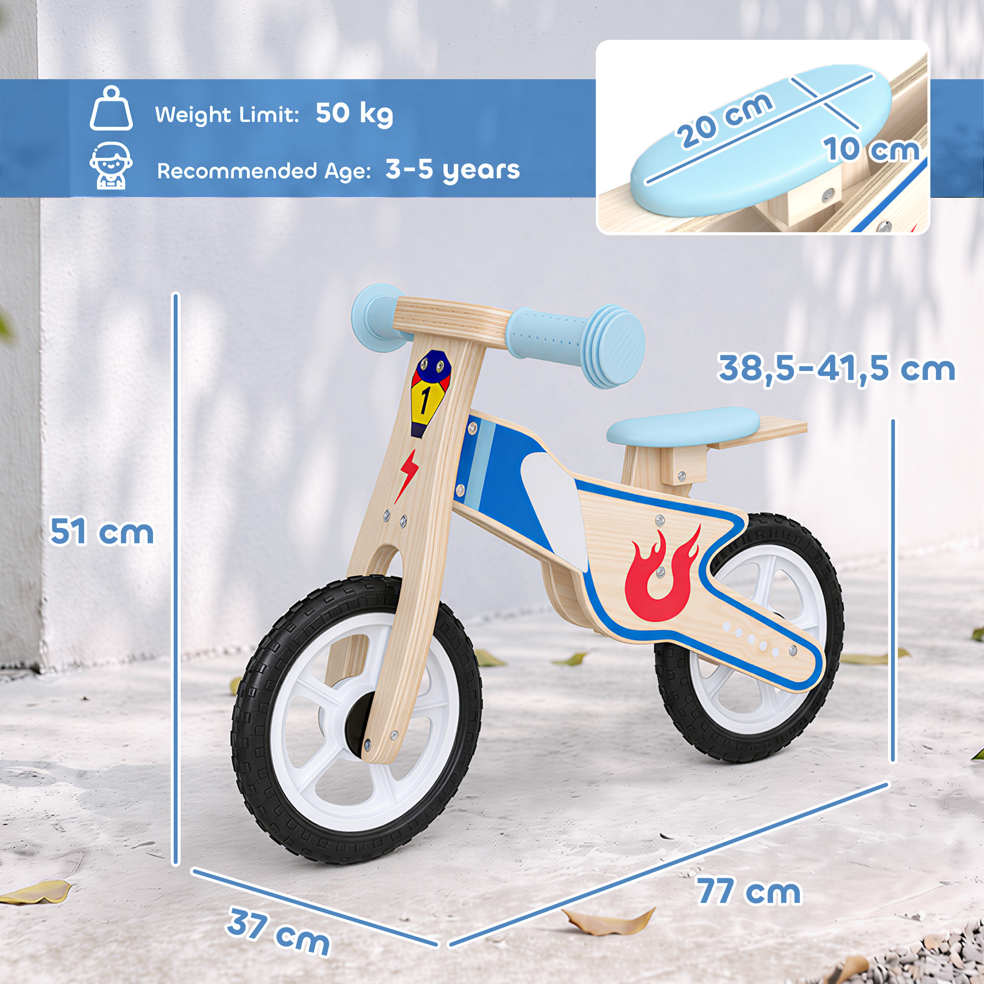 Paspiriamas dviratukas su reguliuojamo aukščio sėdyne ir EVA ratais, natūralios medienos, 77 × 37 × 51 cm 2