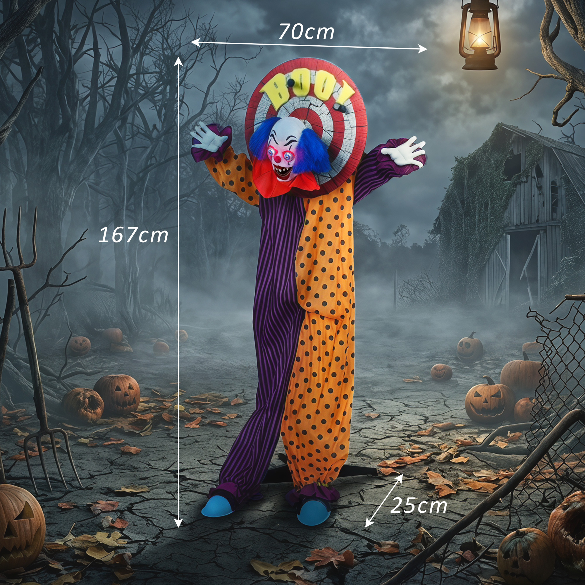 Animuota Helovino klouno dekoracija su 180° besisukančia galva, mėlyna, oranžinė ir violetinė, 70 × 25 × 167 cm 2