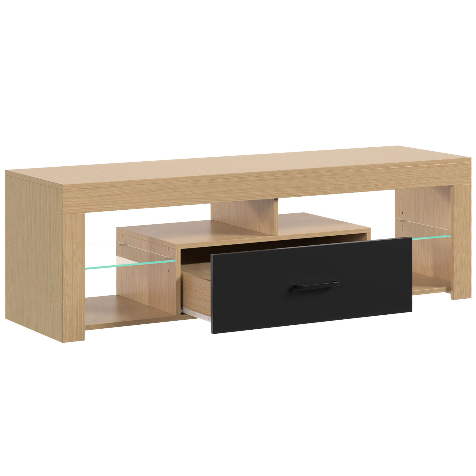 TV staliukas su reguliuojamomis stiklo lentynomis ir stalčiumi, ąžuolo spalvos ir juodas, 140 × 40 × 45 cm