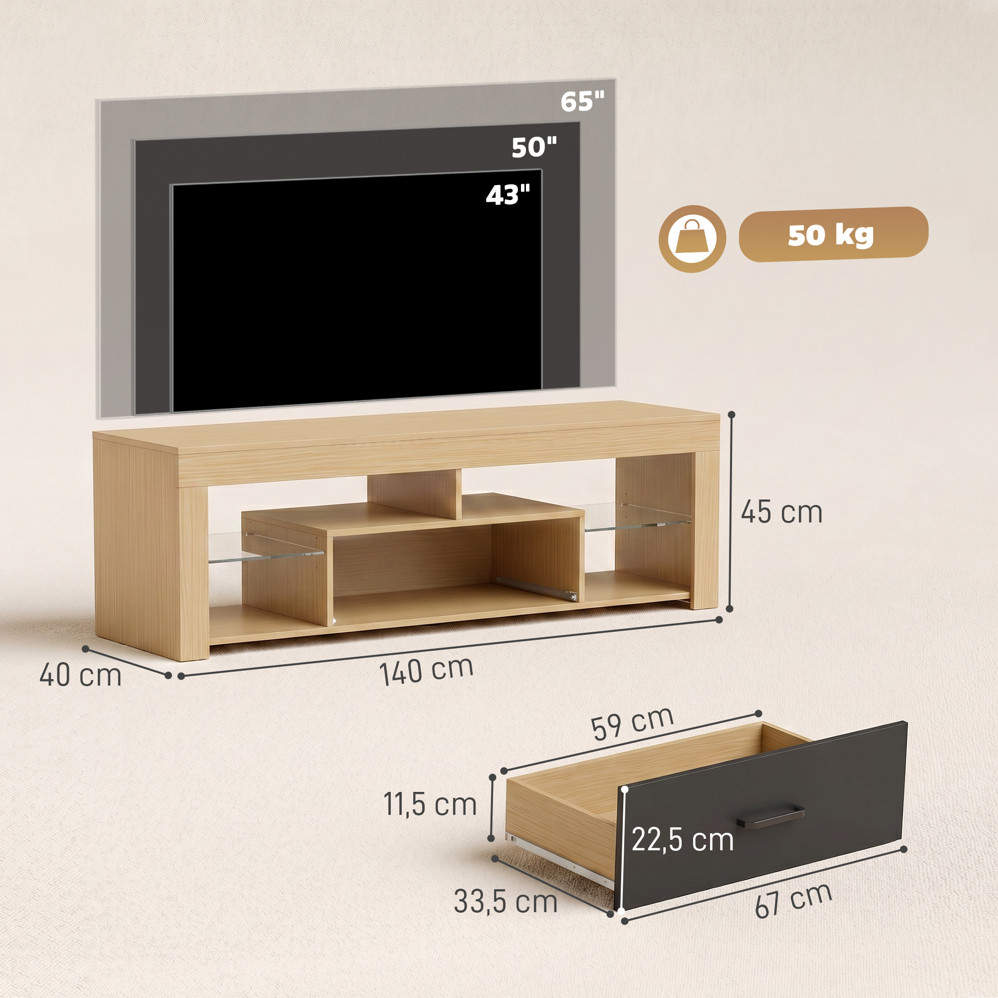 TV staliukas su reguliuojamomis stiklo lentynomis ir stalčiumi, ąžuolo spalvos ir juodas, 140 × 40 × 45 cm 2