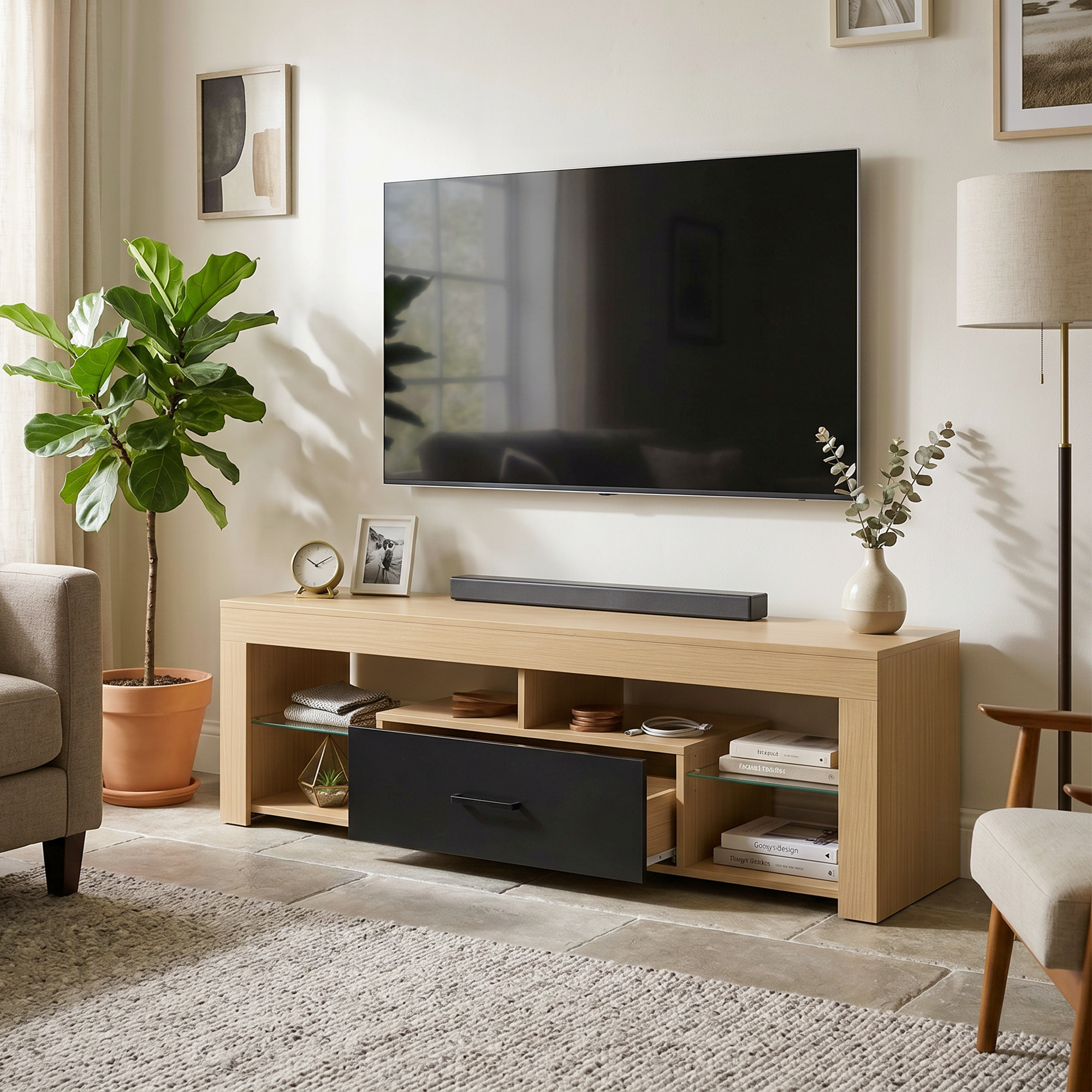 TV staliukas su reguliuojamomis stiklo lentynomis ir stalčiumi, ąžuolo spalvos ir juodas, 140 × 40 × 45 cm